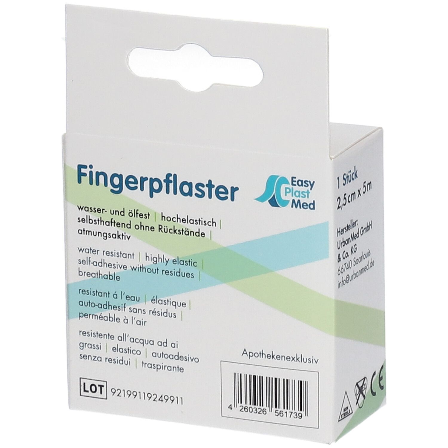 Rückseite der Fingerpflaster-Verpackung. Produktinformationen in mehreren Sprachen. Apothekenexklusiv. CE-Zeichen.