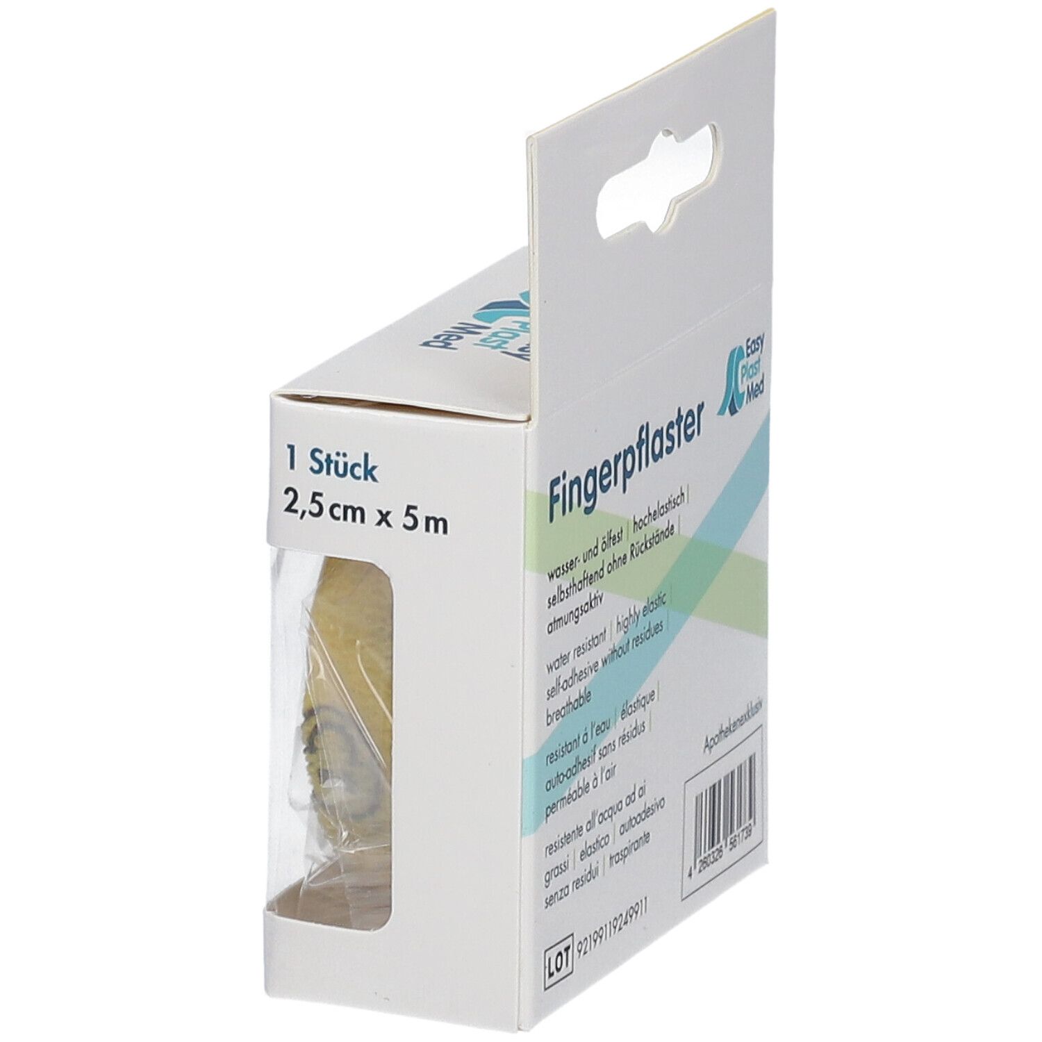 Seitenansicht der Fingerpflaster-Verpackung. Produktinformationen. 2,5 cm x 5 m. Apothekenexklusiv. CE-Zeichen.