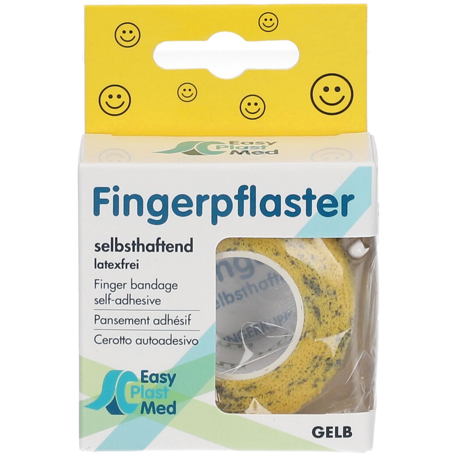 Verpackung Fingerpflaster, gelb, 2,5 cm x 5 m. Sichtfenster zeigt Rolle. Gelbe Aufhängung mit Smileys.