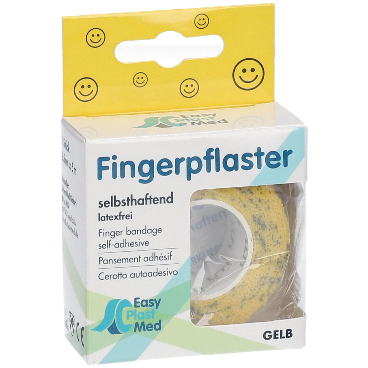 Verpackung Fingerpflaster, gelb, 2,5 cm x 5 m. Sichtfenster zeigt Rolle. Gelbe Aufhängung mit Smileys.