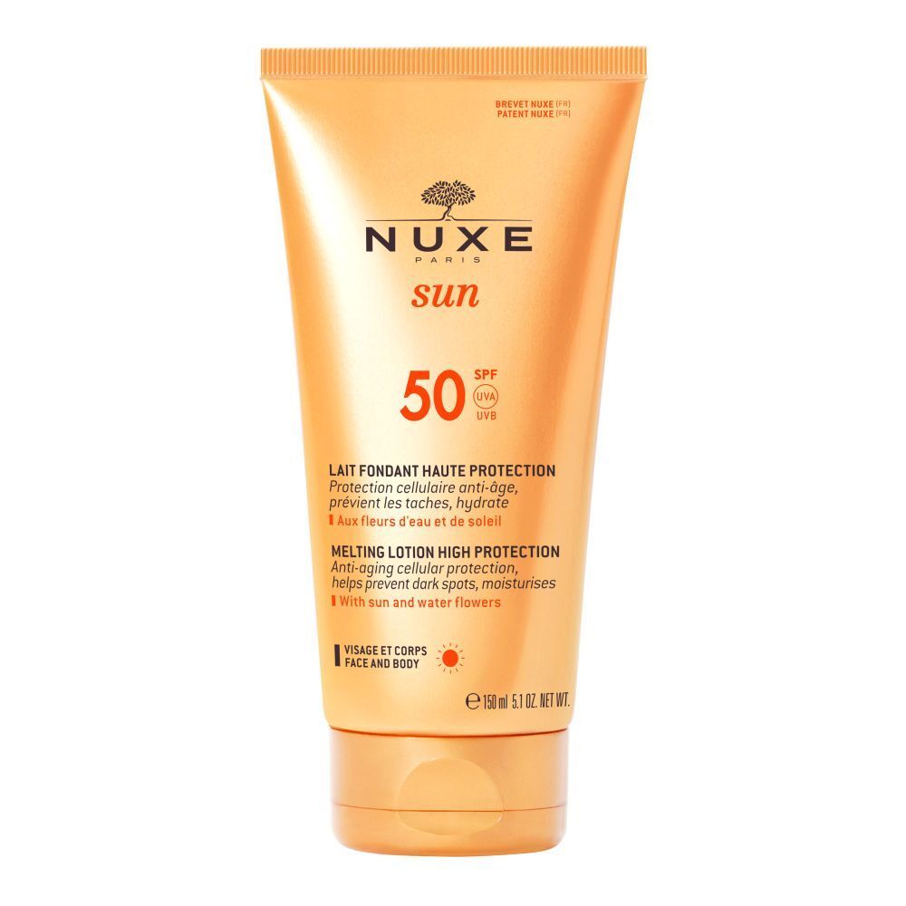 Sonnenmilch-Tube, orangefarben, mit Aufschrift NUXE Sun, SPF 50. Text: Lait Fondant Haute Protection. Gesicht und Körper.