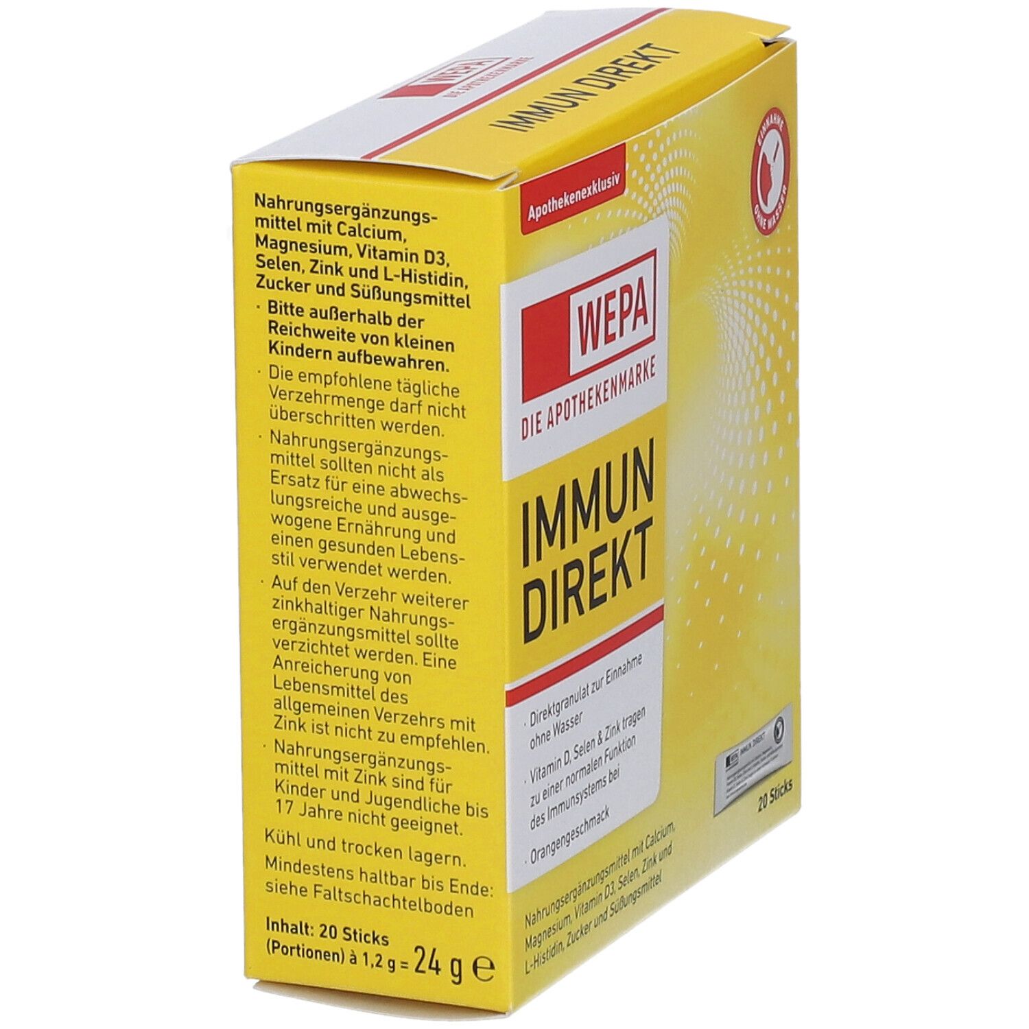 Gelbe Schachtel mit "WEPA IMMUN DIREKT". Enthält 20 Sticks. Text: "Direktgranulat zur Einnahme ohne Wasser".
