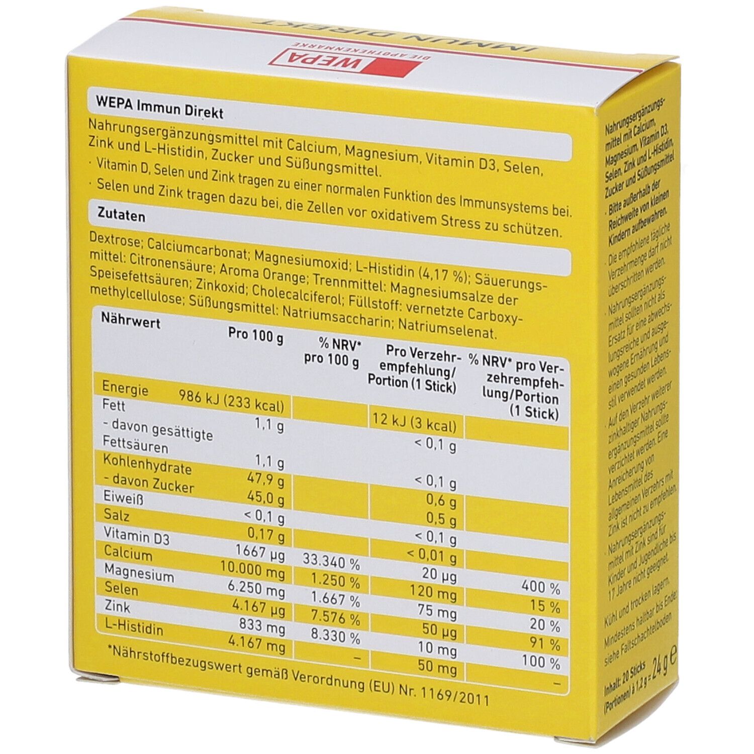 Gelbe Schachtel mit "WEPA IMMUN DIREKT". Enthält 20 Sticks. Text: "Nährwertangaben" und Inhaltsstoffe.