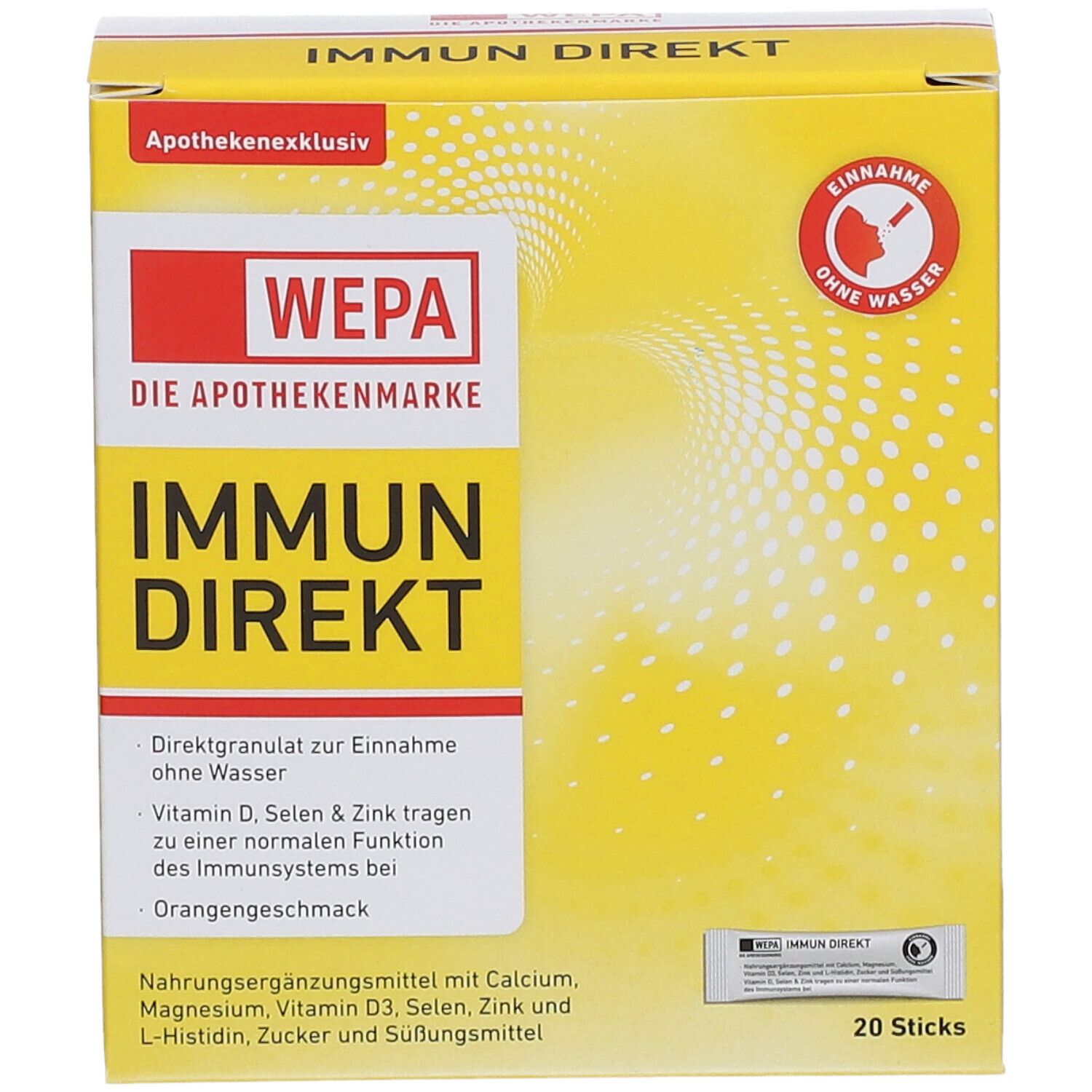 Gelbe Schachtel mit "WEPA IMMUN DIREKT". Enthält 20 Sticks. Text: "Direktgranulat zur Einnahme ohne Wasser".