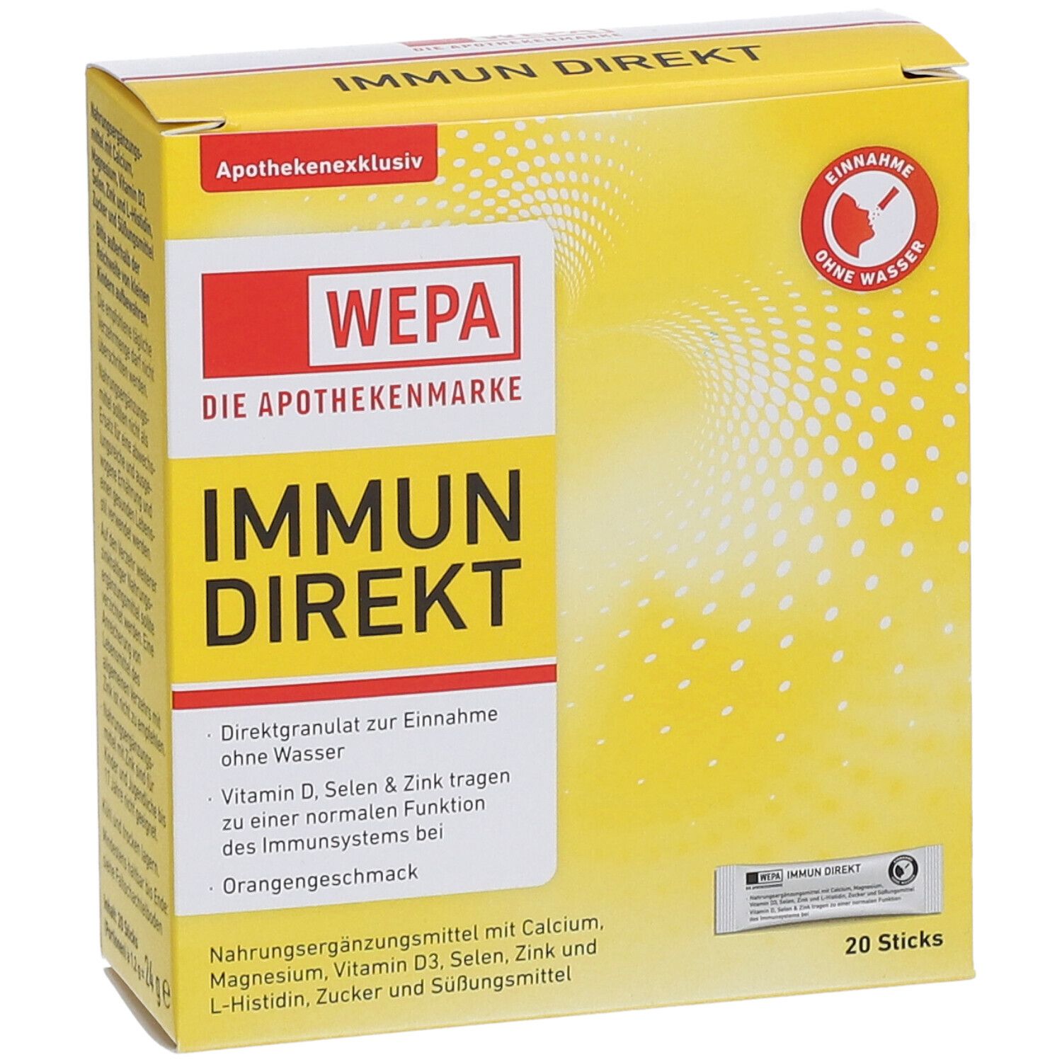 Gelbe Schachtel mit "WEPA IMMUN DIREKT". Enthält 20 Sticks. Text: "Direktgranulat zur Einnahme ohne Wasser".