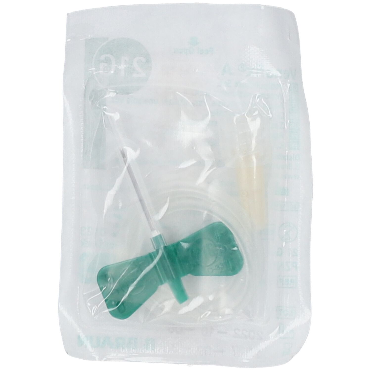 Venenpunktionsbesteck in Folienverpackung. Grün, mit Flügeln und Schlauch. Sichtbare Nadel und gelber Teil.