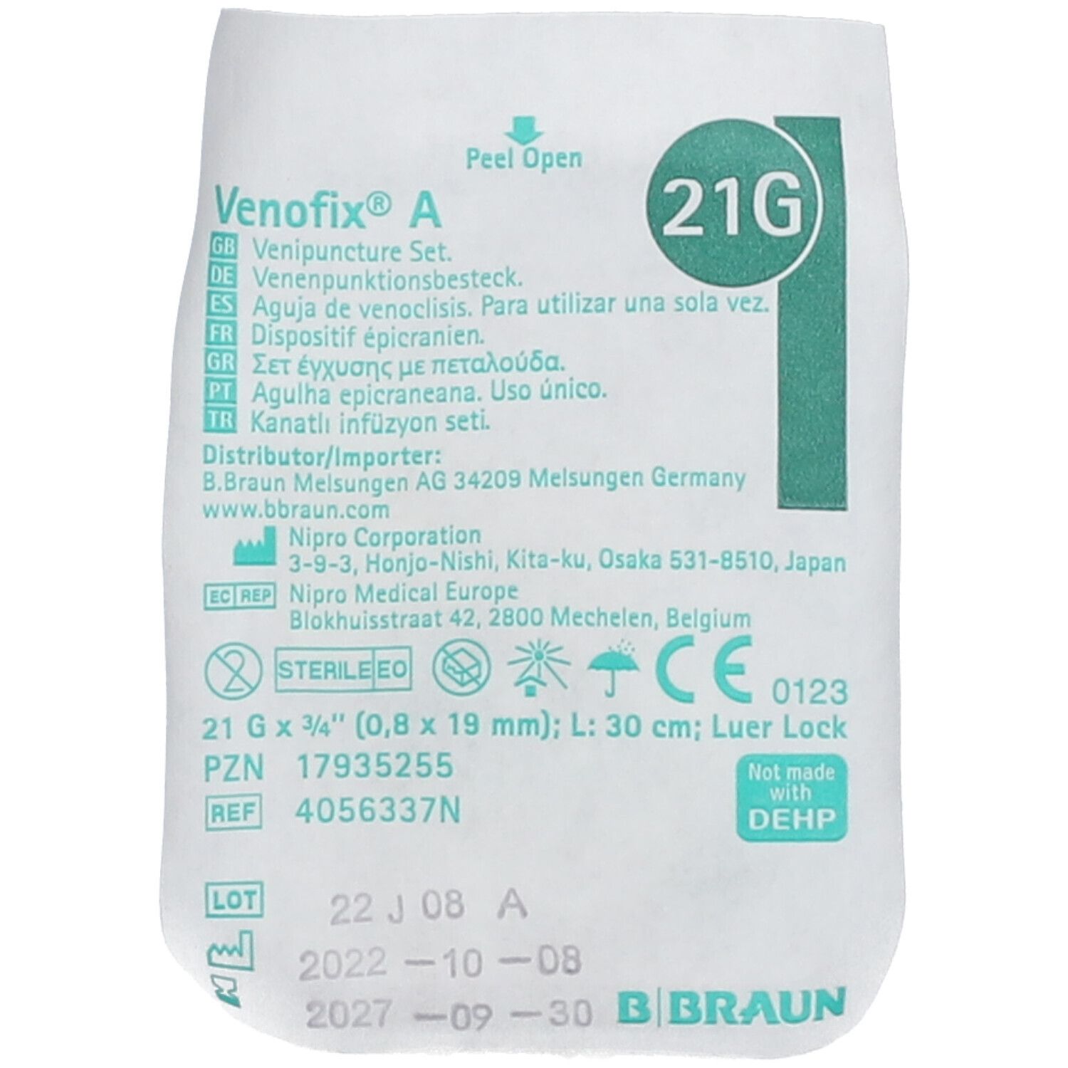 Verpackung mit Produktinformationen. Text: Venofix A, 21G, sterile, CE-Kennzeichnung. Hersteller: B. Braun.