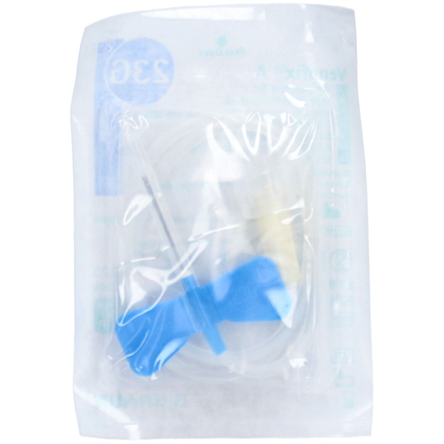 Venenpunktionsbesteck in Folienverpackung. Blaue Flügel, gelber Ansatz, transparente Leitung. Sterile Verpackung.