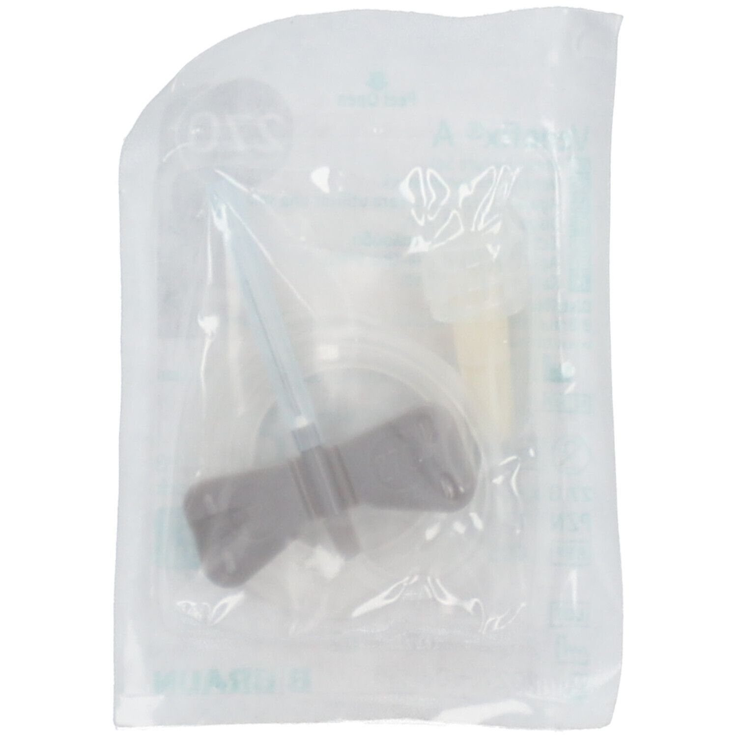 Venenpunktionsbesteck in Folienverpackung. Flügelkanüle, Konnektor, Schlauch. Grau. Steril.