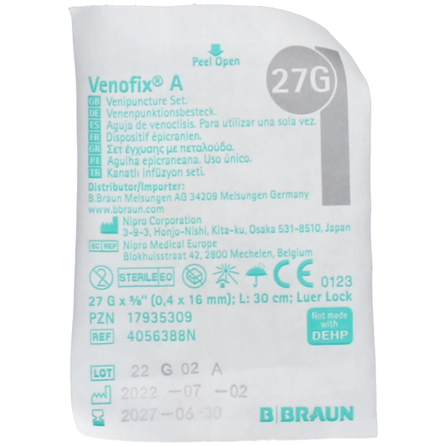 Verpackung mit Produktinformationen. Text: Venofix A, 27G, 0,4x16mm, 30cm. Hersteller: B. Braun.