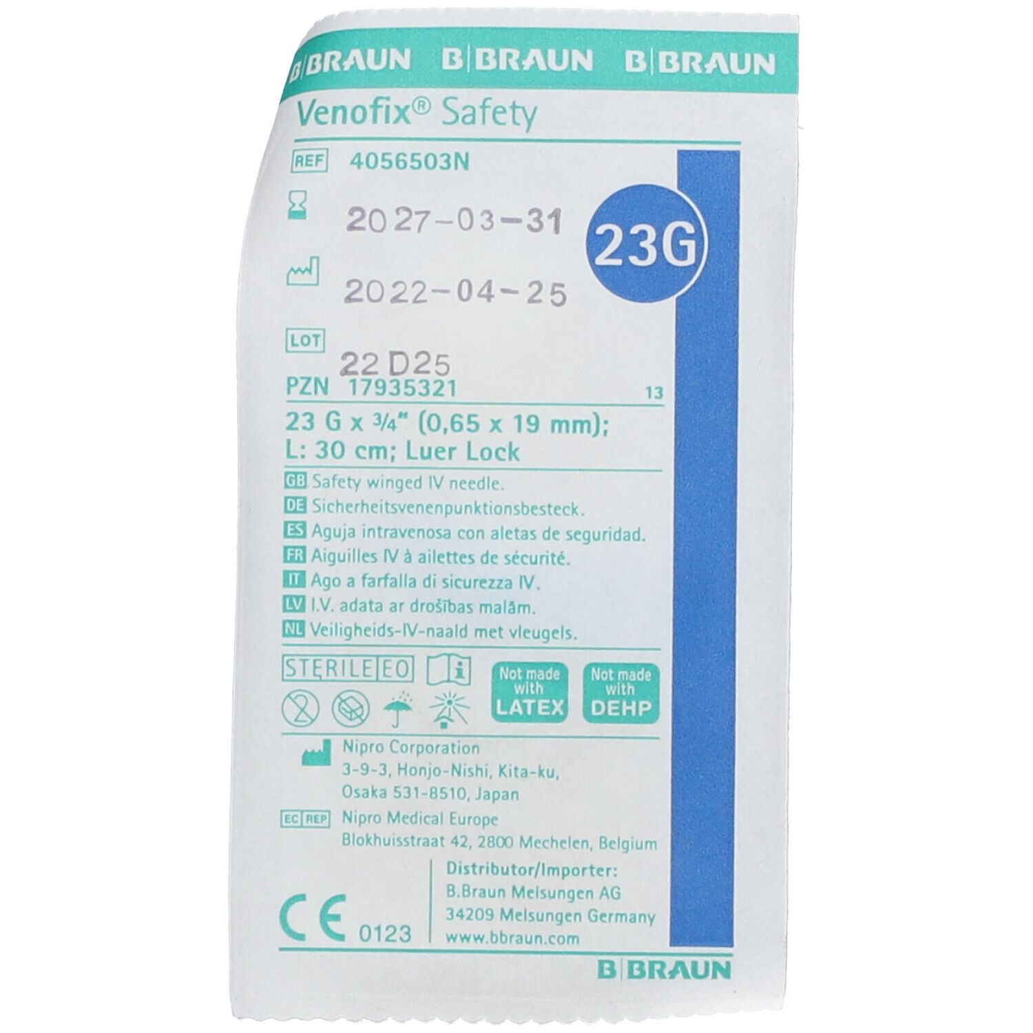 Verpackung mit Produktinformationen. Text: VENOFIX Safety, 23G, 0,65x19mm, 30cm. Sterile Kennzeichnung, CE-Zeichen.