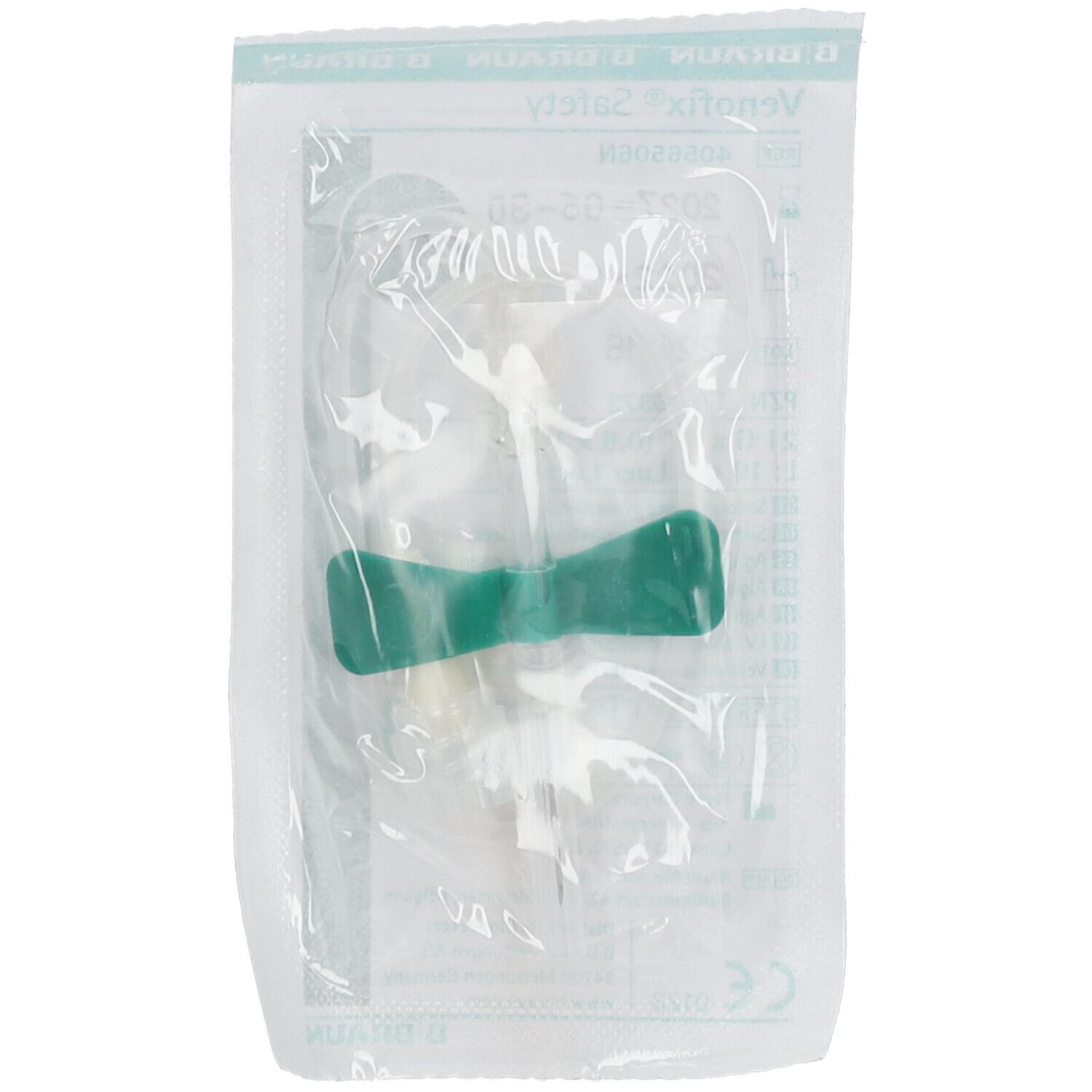 Venofix Safety, sterile IV-Nadel mit Flügeln, verpackt. Grüne Flügel, transparente Nadel. Sichtbare CE-Kennzeichnung.