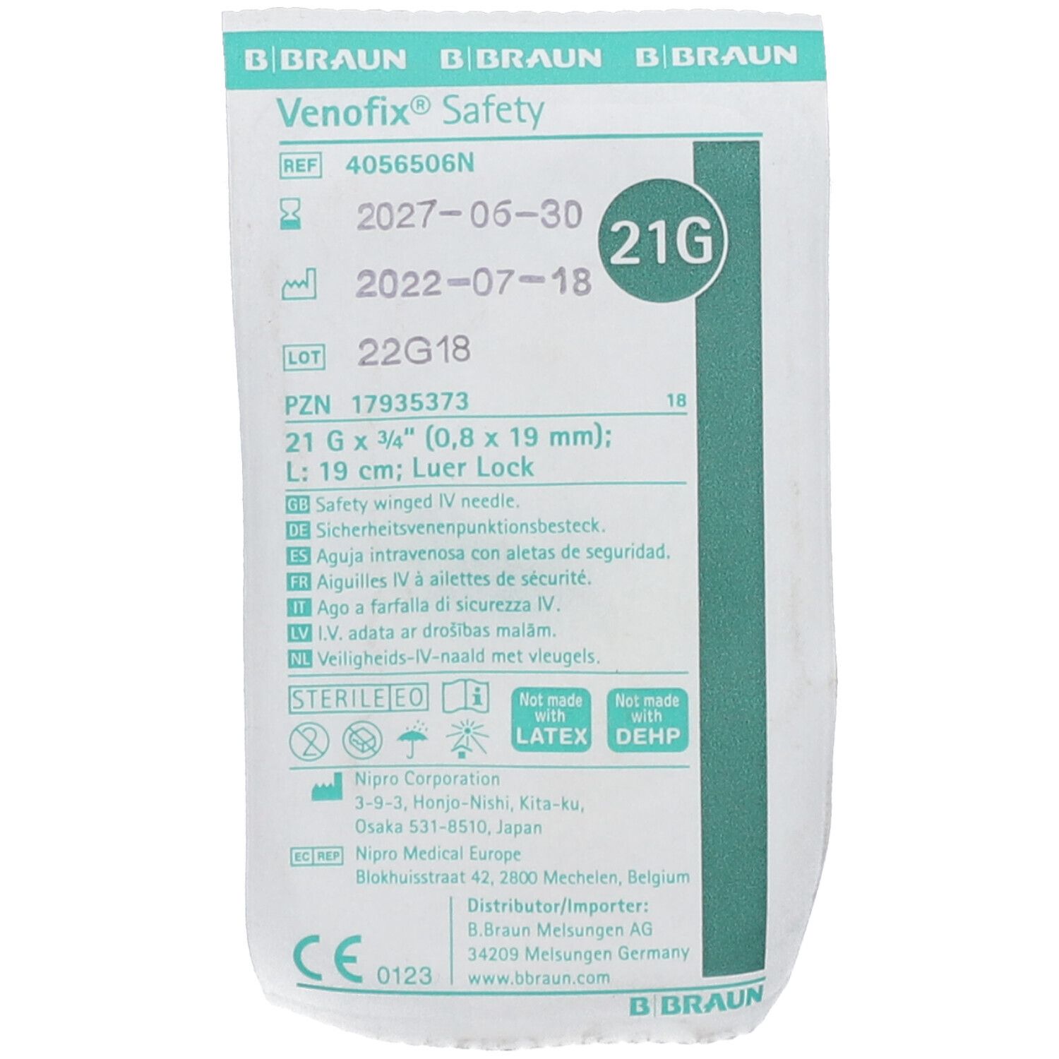 Verpackung von Venofix Safety. Produktinformationen, Chargennummer, Verfallsdatum. 21G, 0,8 x 19 mm. CE-Kennzeichnung.