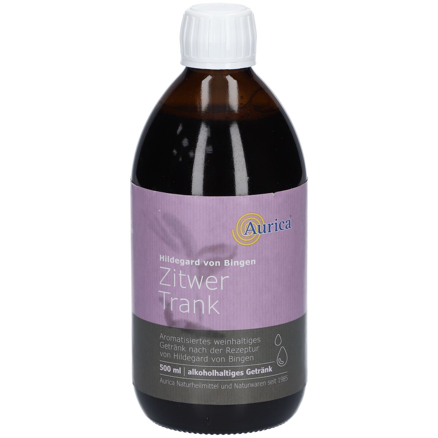 Braune Flasche mit weißem Deckel. Etikett mit "Aurica Zitwer Trank", 500 ml.