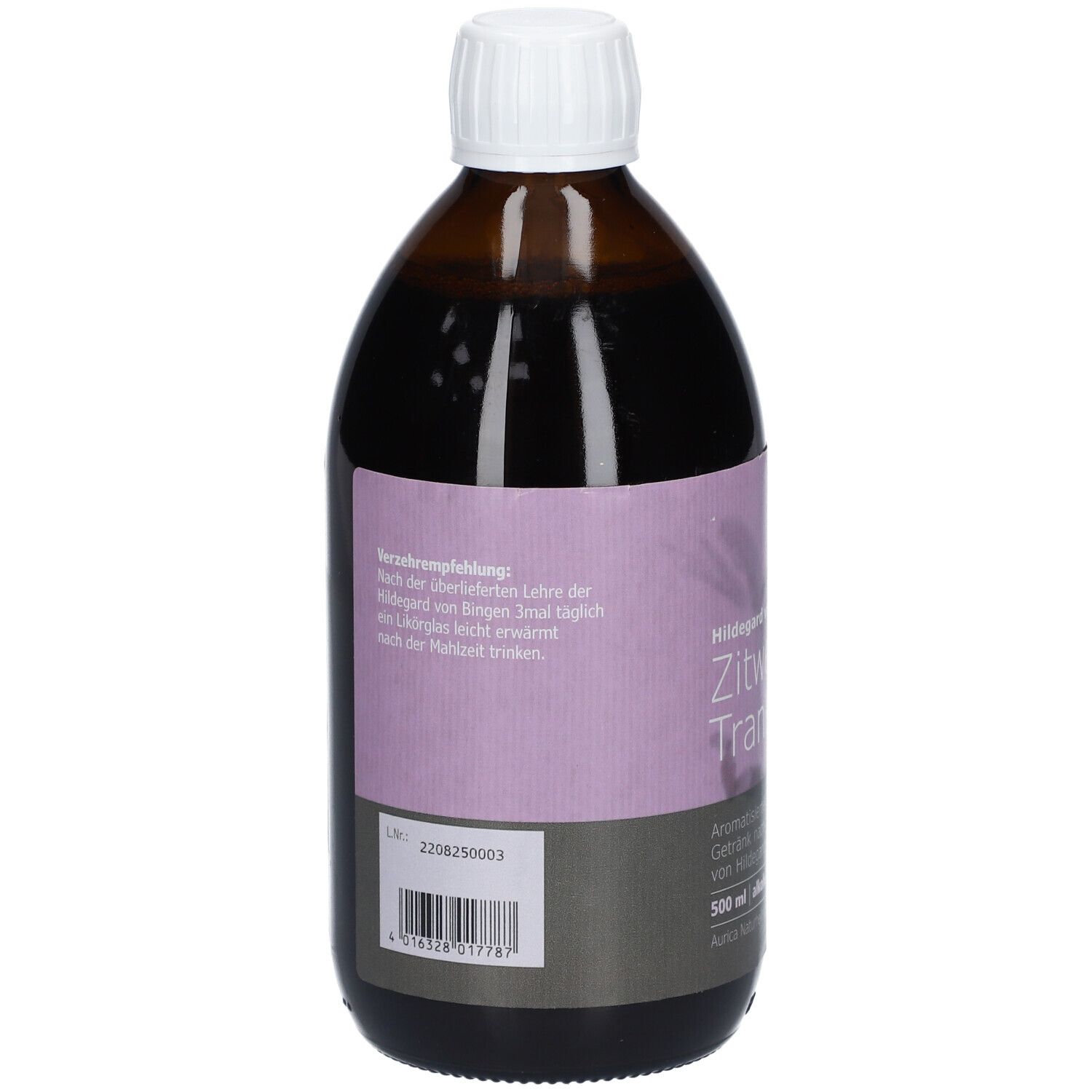 Braune Flasche mit weißem Deckel. Rückseite mit Text, Barcode und Chargennummer.