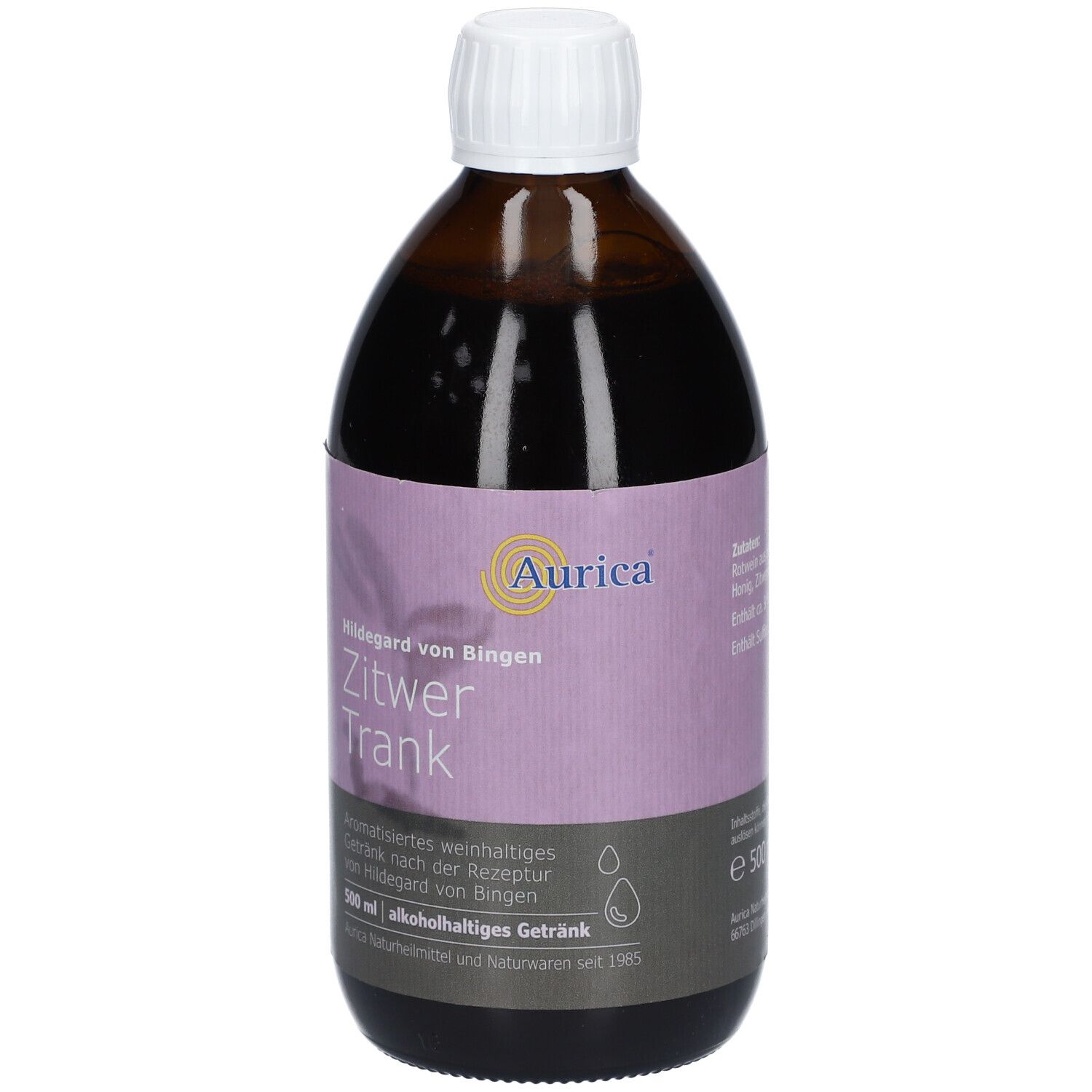 Braune Flasche mit weißem Deckel. Etikett mit "Aurica Zitwer Trank", 500 ml.