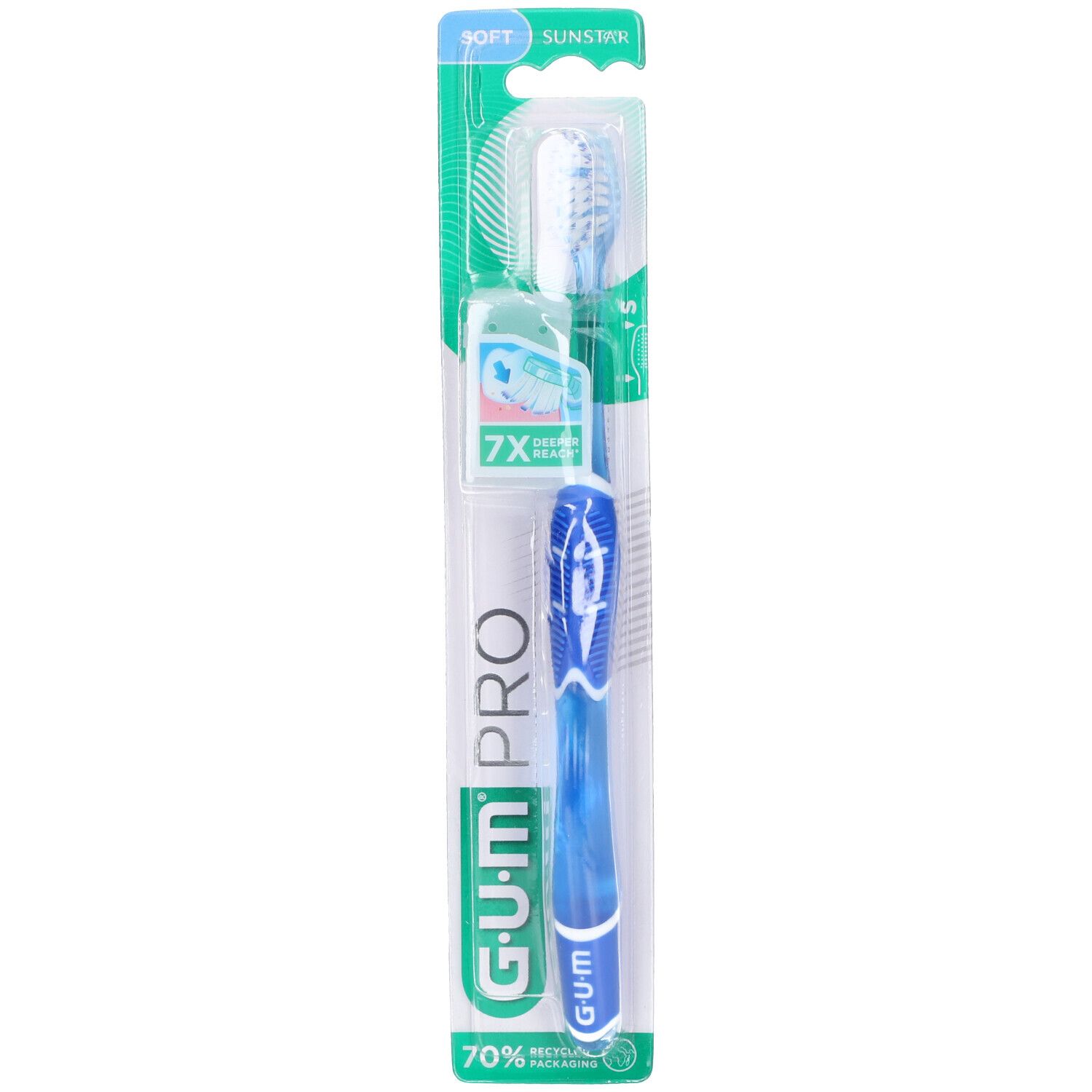GUM PRO Zahnbürste soft in Verpackung. Blauer Griff, transparente Borsten. 7X Borsten. 70% recycelt.