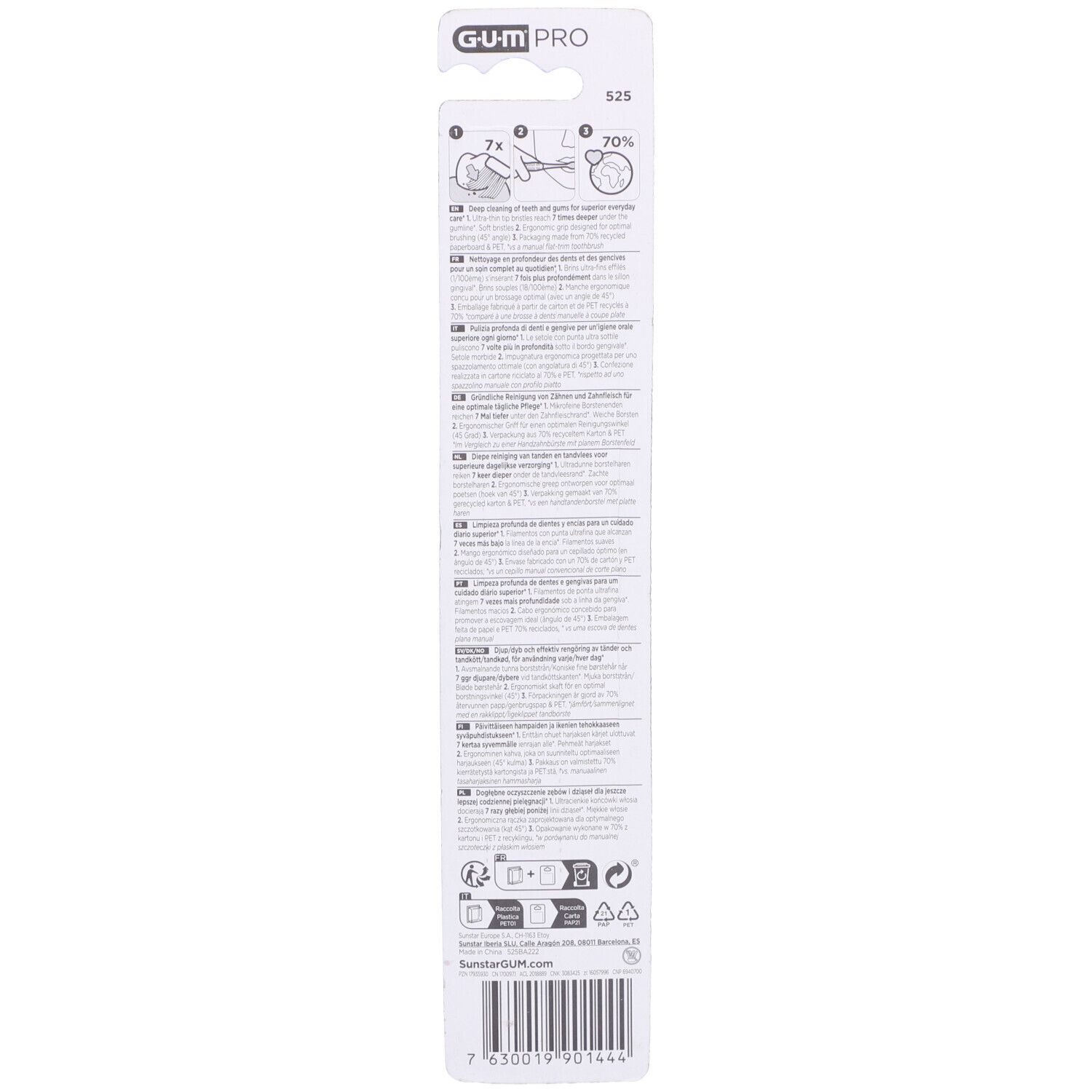 Rückseite der GUM PRO Zahnbürstenverpackung. Text mit Produktinformationen und Recycling-Symbolen.