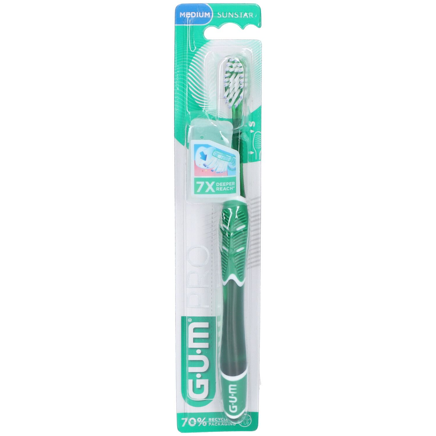 GUM PRO Zahnbürste medium in Verpackung. Grün-weißer Griff, grüner Bürstenkopf. 7x bessere Reinigung.