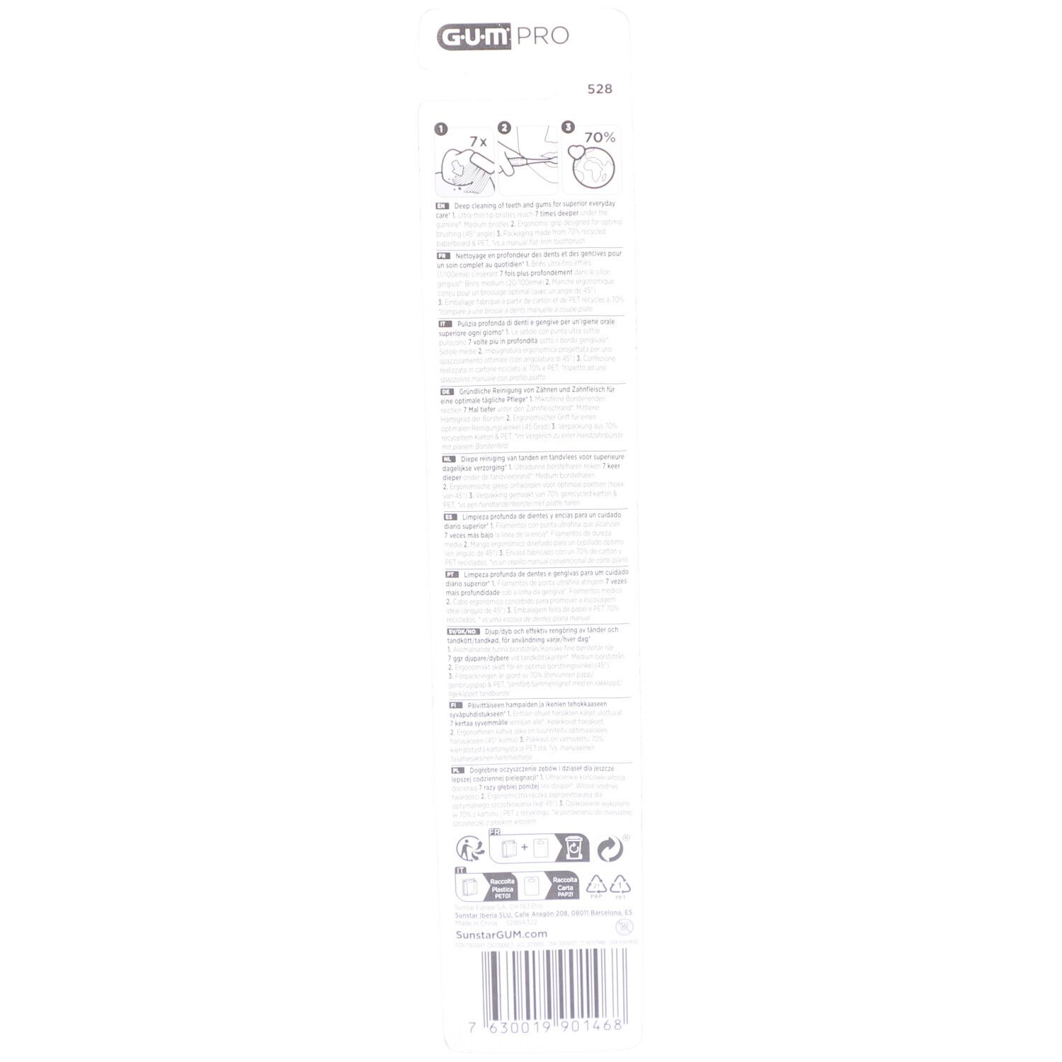 Rückseite der GUM PRO Zahnbürstenverpackung. Text in mehreren Sprachen, Piktogramme und Barcode.