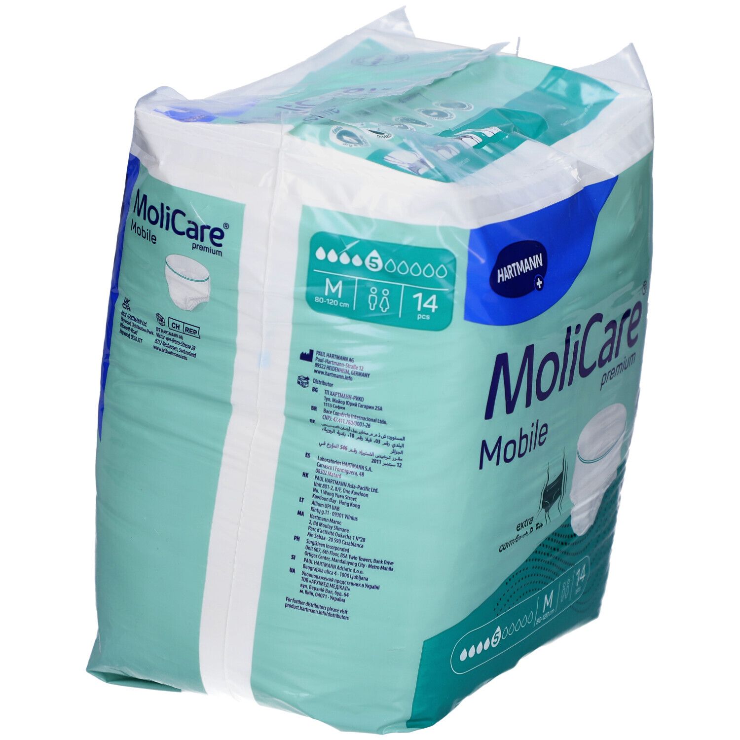 Verpackung von MoliCare Mobile Premium. Enthält 14 Stück, Größe M. Marke Hartmann. Aufdrucke: extra comfort & fit, 6 Tropfen.