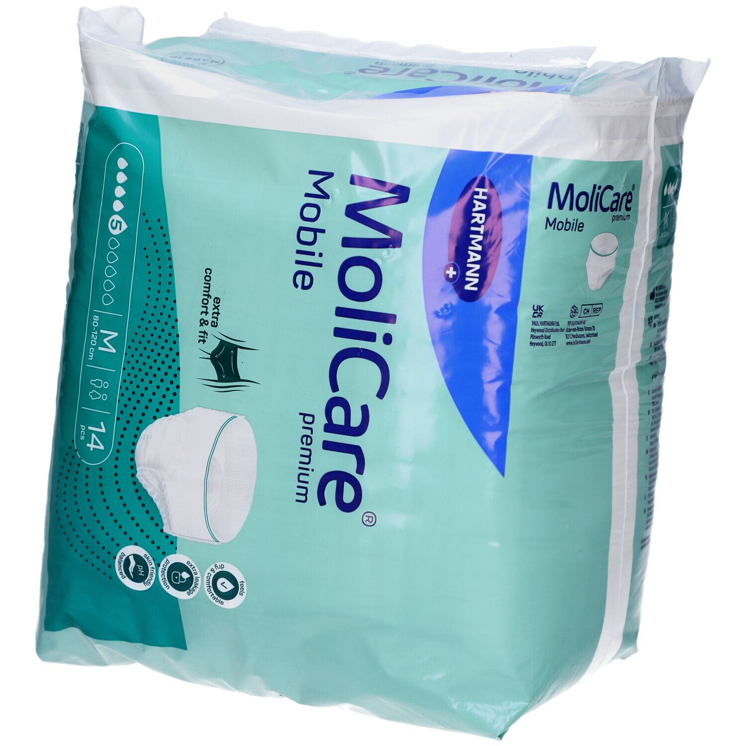 Verpackung von MoliCare Mobile Premium. Enthält 14 Stück, Größe M. Marke Hartmann. Aufdrucke: extra comfort & fit, 5 Tropfen.