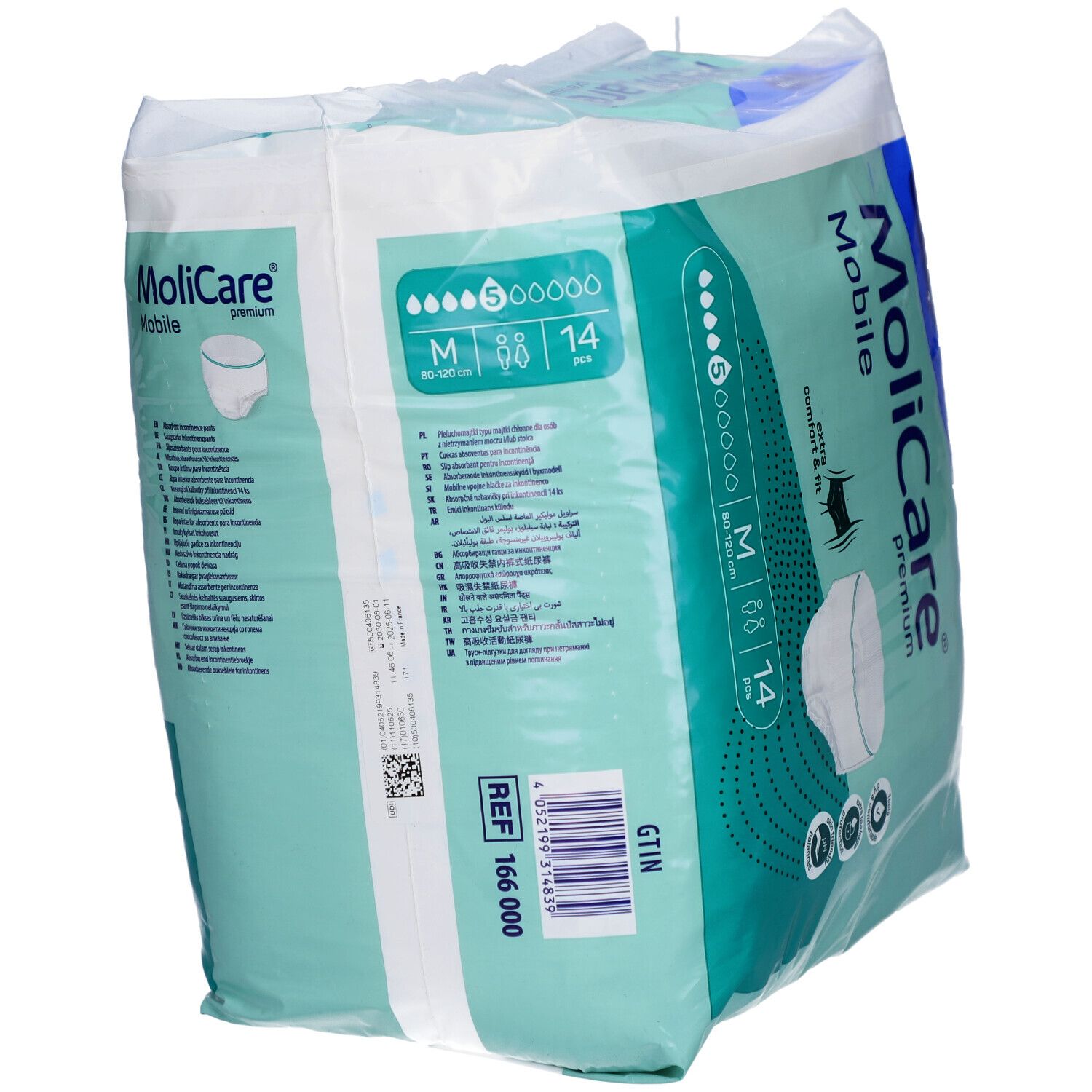 Verpackung von MoliCare Mobile Premium. Enthält 14 Stück, Größe M. Marke Hartmann. Aufdrucke: 5 Tropfen, REF 166 000.