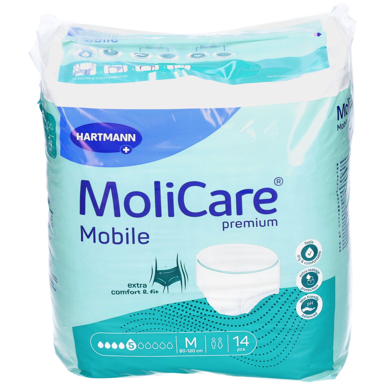 Verpackung von MoliCare Mobile Premium. Enthält 14 Stück, Größe M. Marke Hartmann. Aufdrucke: extra comfort & fit, 5 Tropfen.