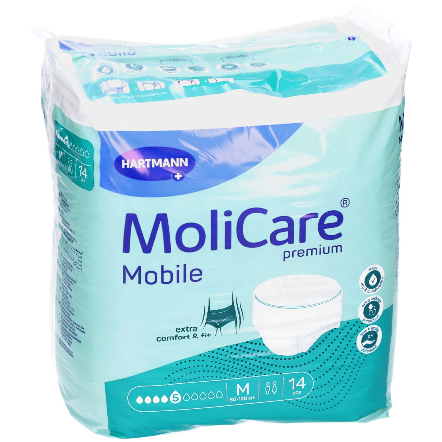 Verpackung von MoliCare Mobile Premium. Enthält 14 Stück, Größe M. Marke Hartmann. Aufdrucke: extra comfort & fit, 5 Tropfen.