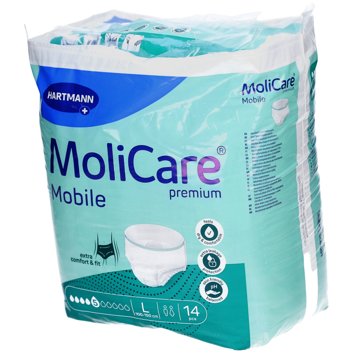 Verpackung MoliCare Mobile Premium. Größe L, 14 Stück. Hartmann Logo. Extra Komfort & Passform.