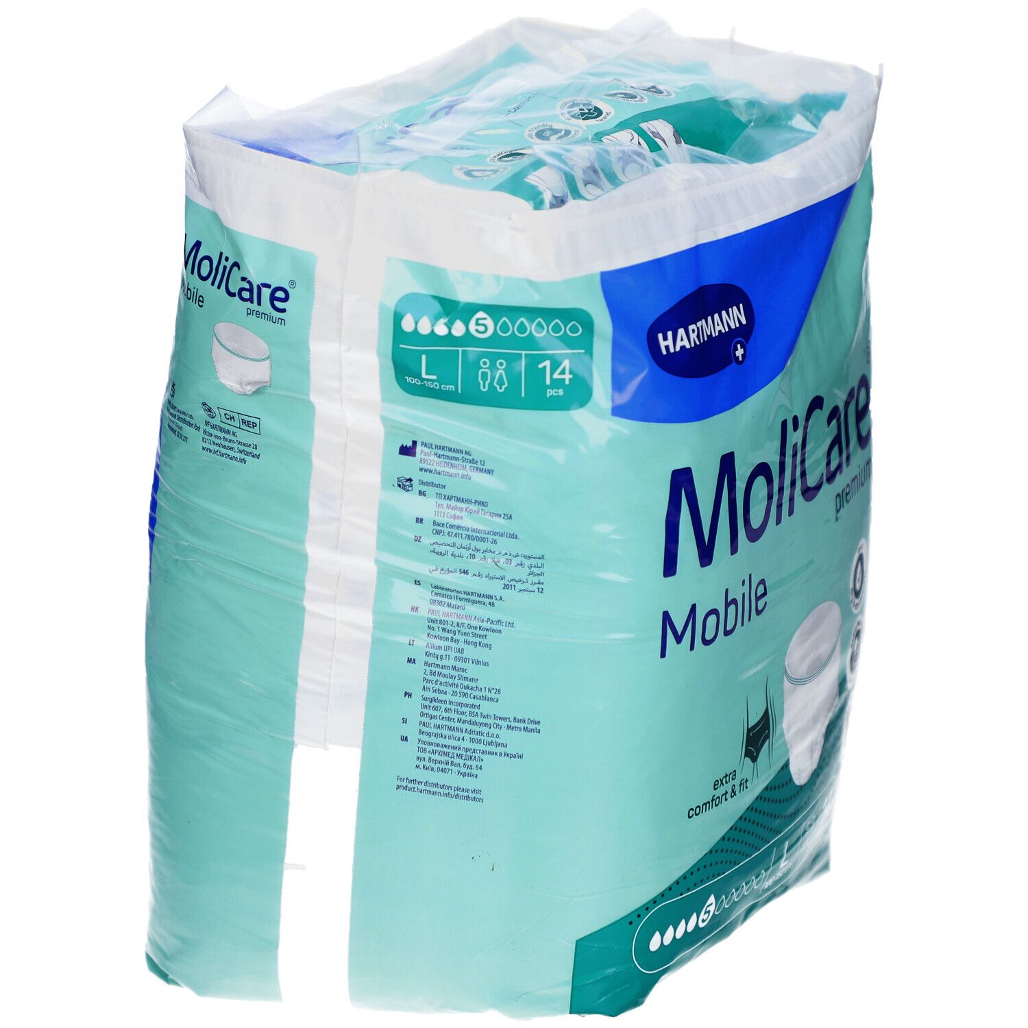 Verpackung MoliCare Mobile Premium. Größe L, 14 Stück. Hartmann Logo. Extra Komfort & Passform.
