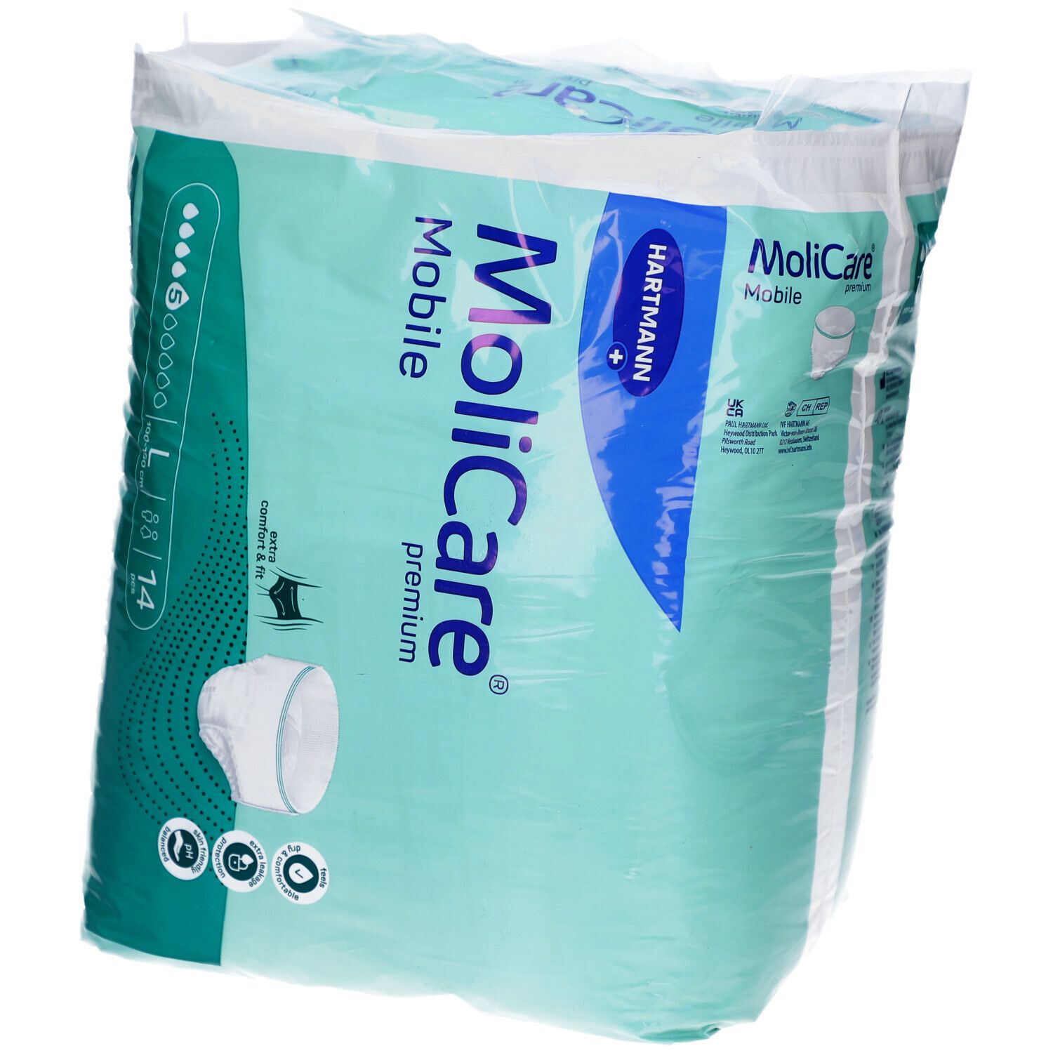 Verpackung MoliCare Mobile Premium. Größe L, 14 Stück. Hartmann Logo. Extra Komfort & Passform.