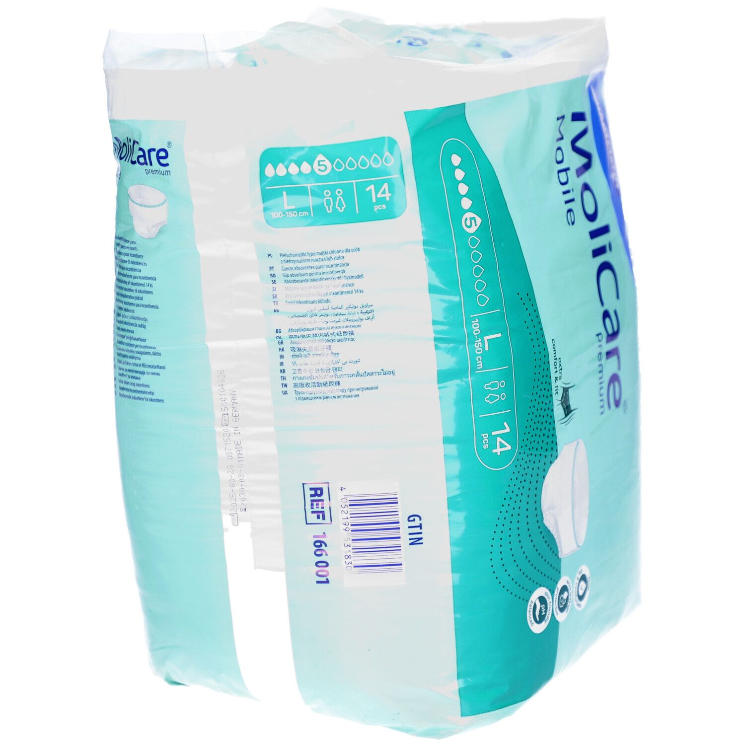 Verpackung MoliCare Mobile Premium. Größe L, 14 Stück. Hartmann Logo. Extra Komfort & Passform.