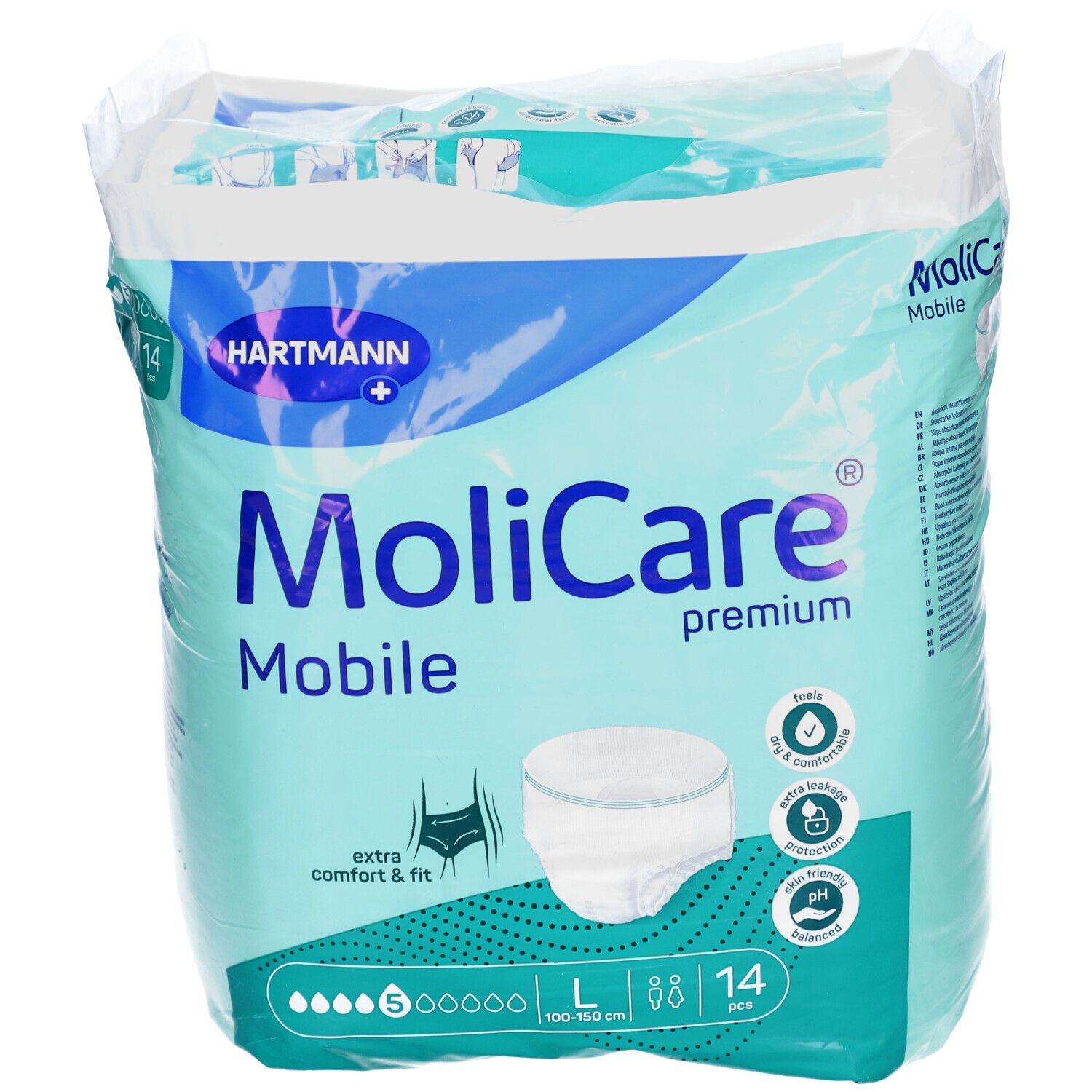 Verpackung MoliCare Mobile Premium. Größe L, 14 Stück. Hartmann Logo. Extra Komfort & Passform.