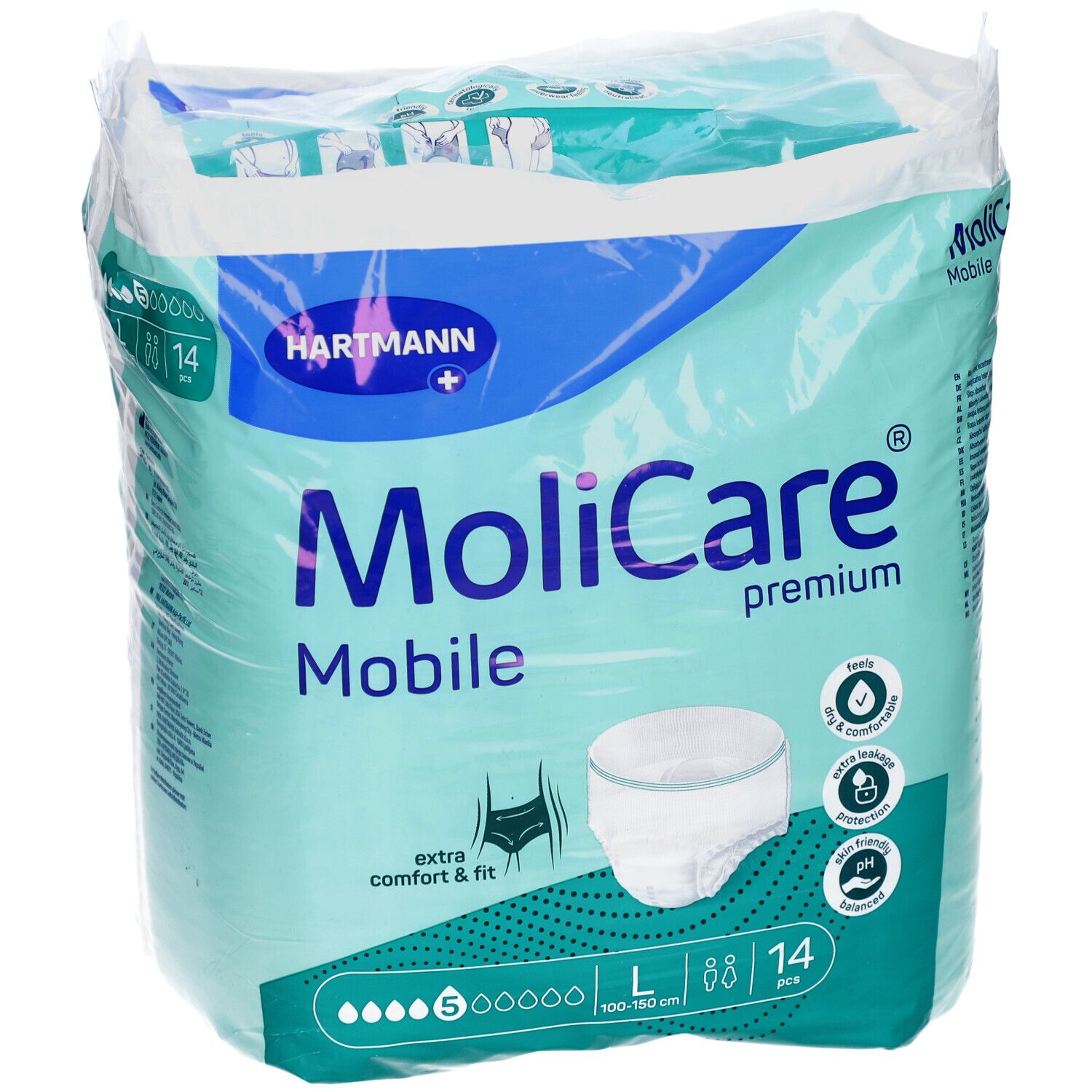 Verpackung MoliCare Mobile Premium. Größe L, 14 Stück. Hartmann Logo. Extra Komfort & Passform.