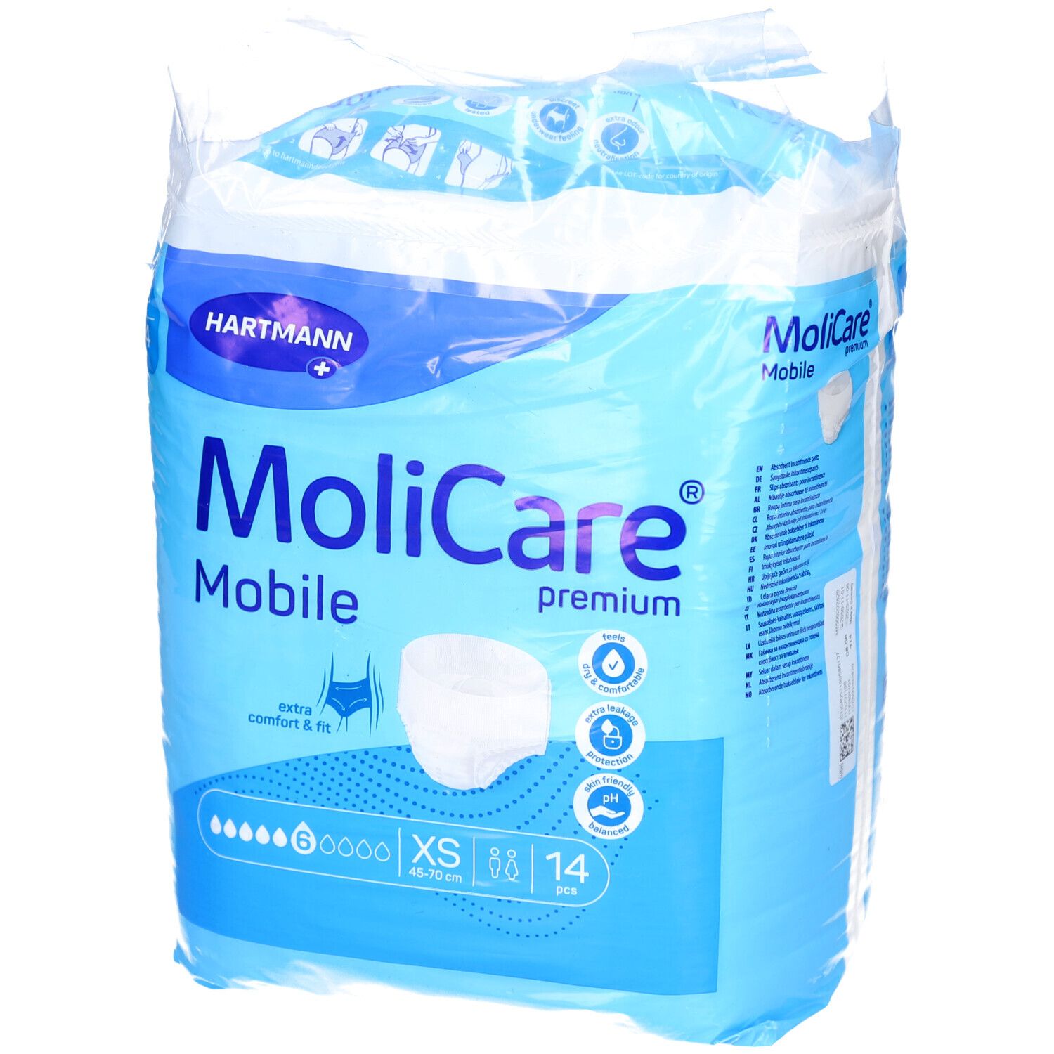 Verpackung MoliCare Mobile Premium, XS, 6 Tropfen. Blaue Verpackung mit Produktabbildung und Markennamen.