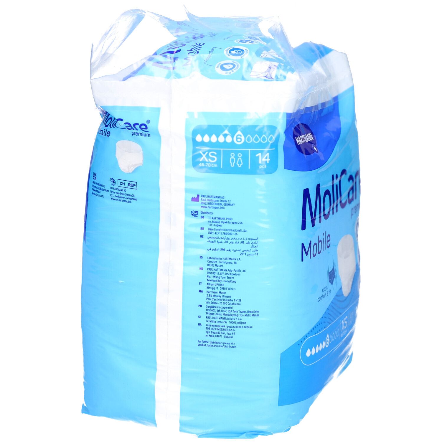 Rückseite der MoliCare Mobile Premium Verpackung, XS, 6 Tropfen. Blaue Verpackung mit Text und Produktinformationen.