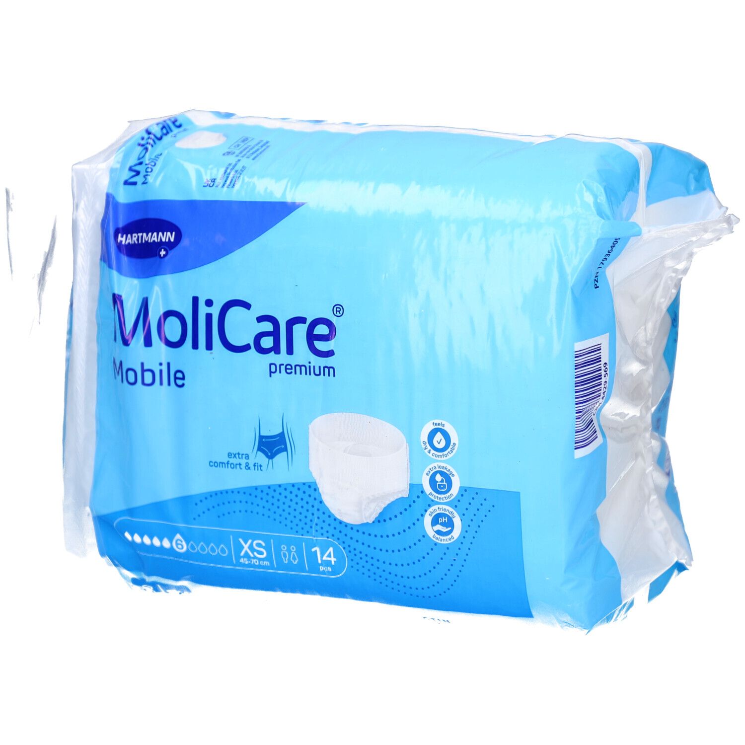 Verpackung MoliCare Mobile Premium, XS, 6 Tropfen. Blaue Verpackung mit Produktabbildung und Markennamen.