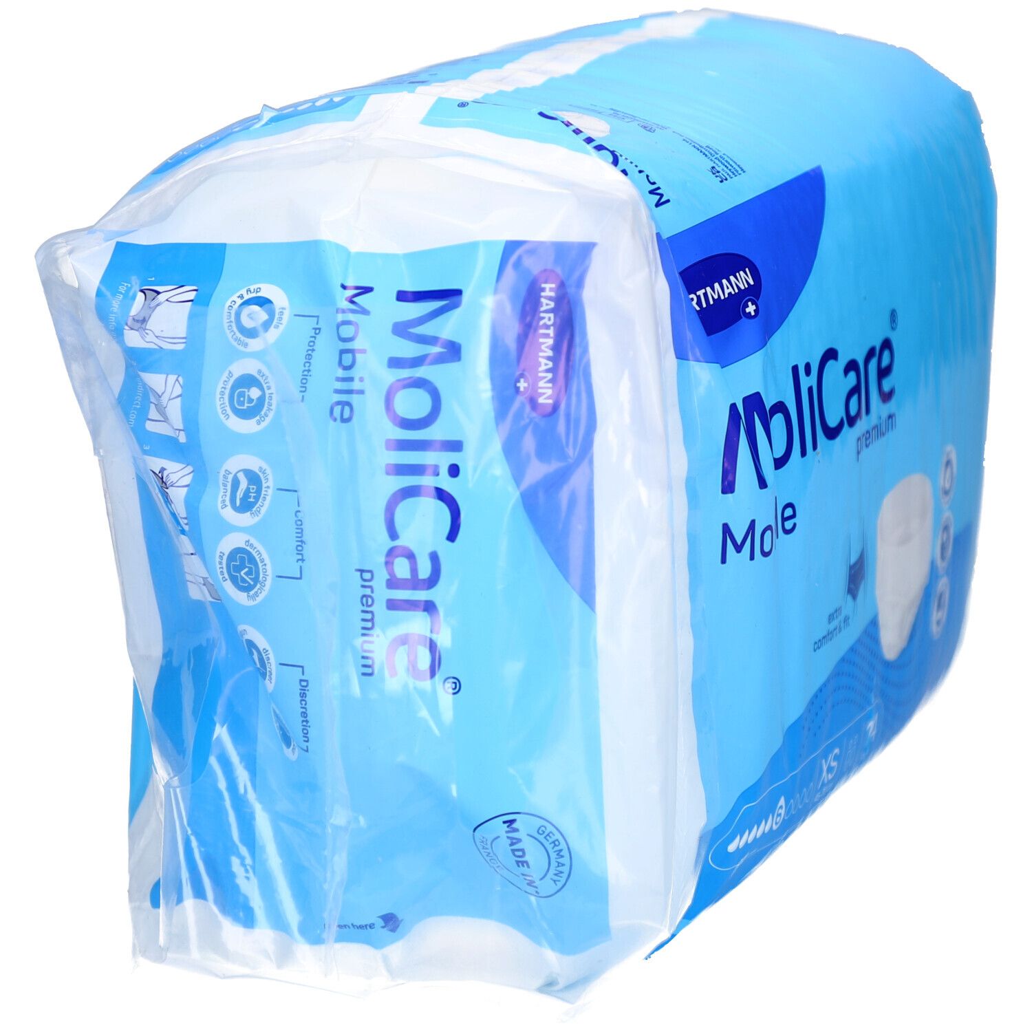 Verpackung MoliCare Mobile Premium, XS, 6 Tropfen. Blaue Verpackung mit Produktabbildung und Markennamen.