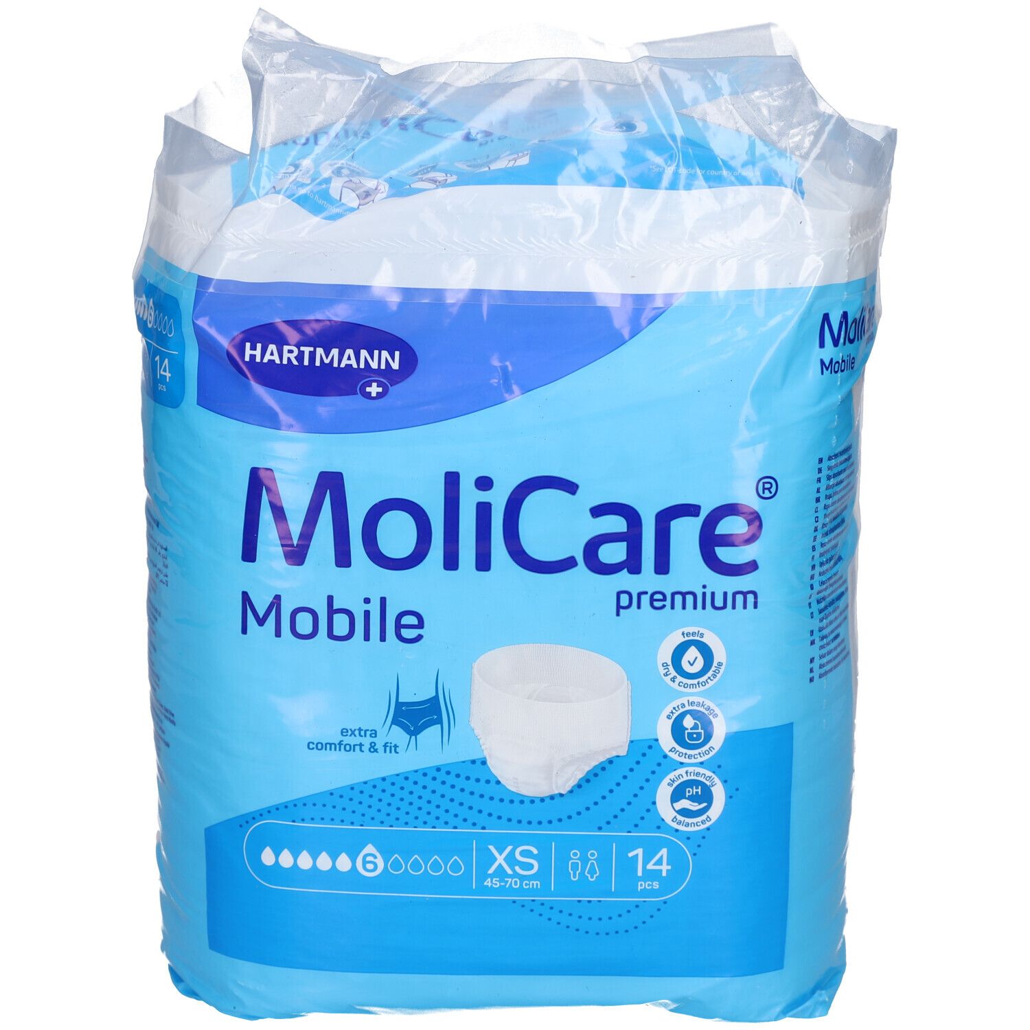 Verpackung MoliCare Mobile Premium, XS, 6 Tropfen. Blaue Verpackung mit Produktabbildung und Markennamen.