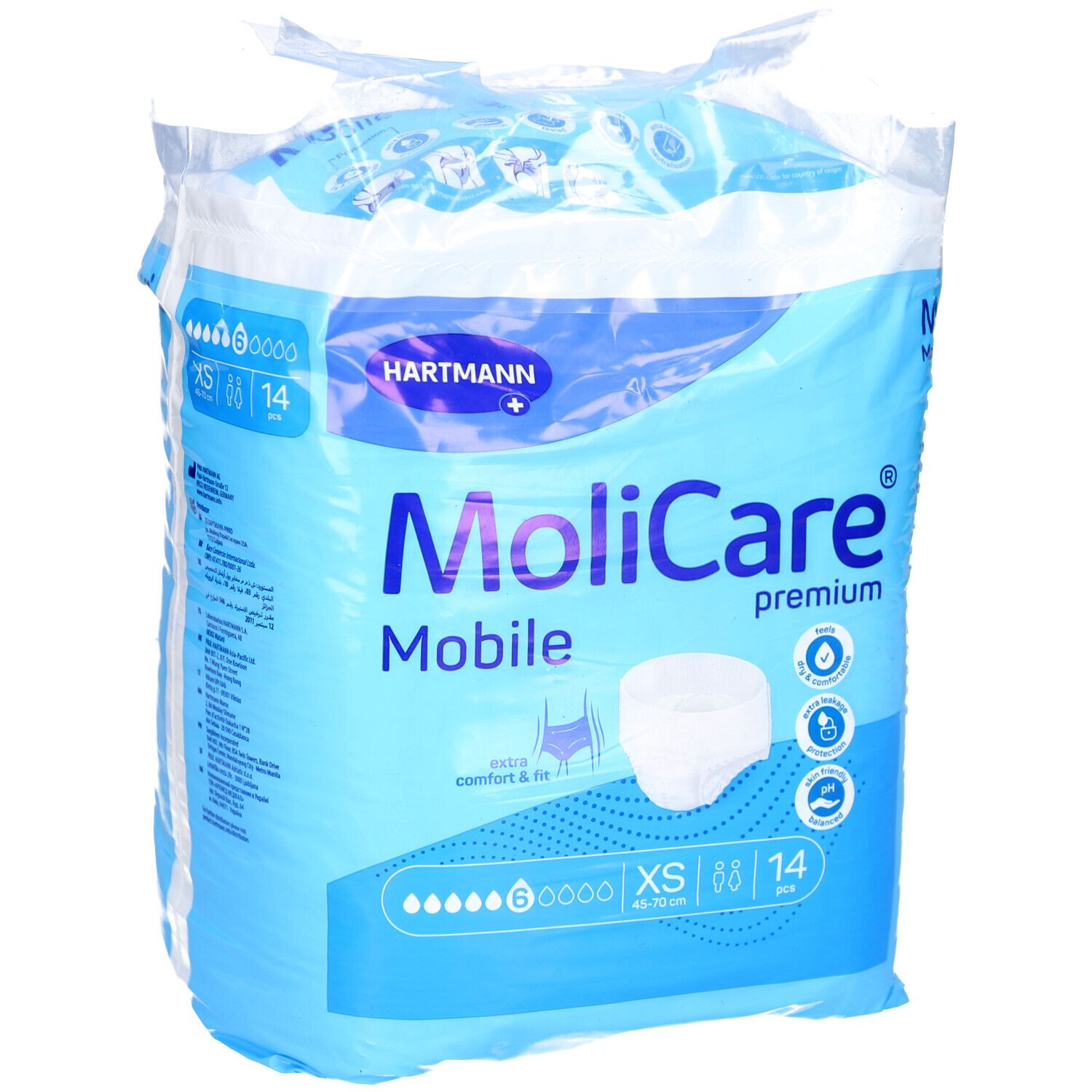 Verpackung MoliCare Mobile Premium, XS, 6 Tropfen. Blaue Verpackung mit Produktabbildung und Markennamen.