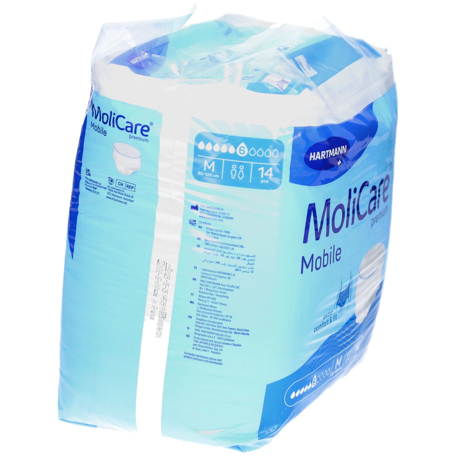 Verpackung MoliCare Mobile Premium Pants, Größe M, 6 Tropfen. Marke Hartmann. Enthält 14 Stück.