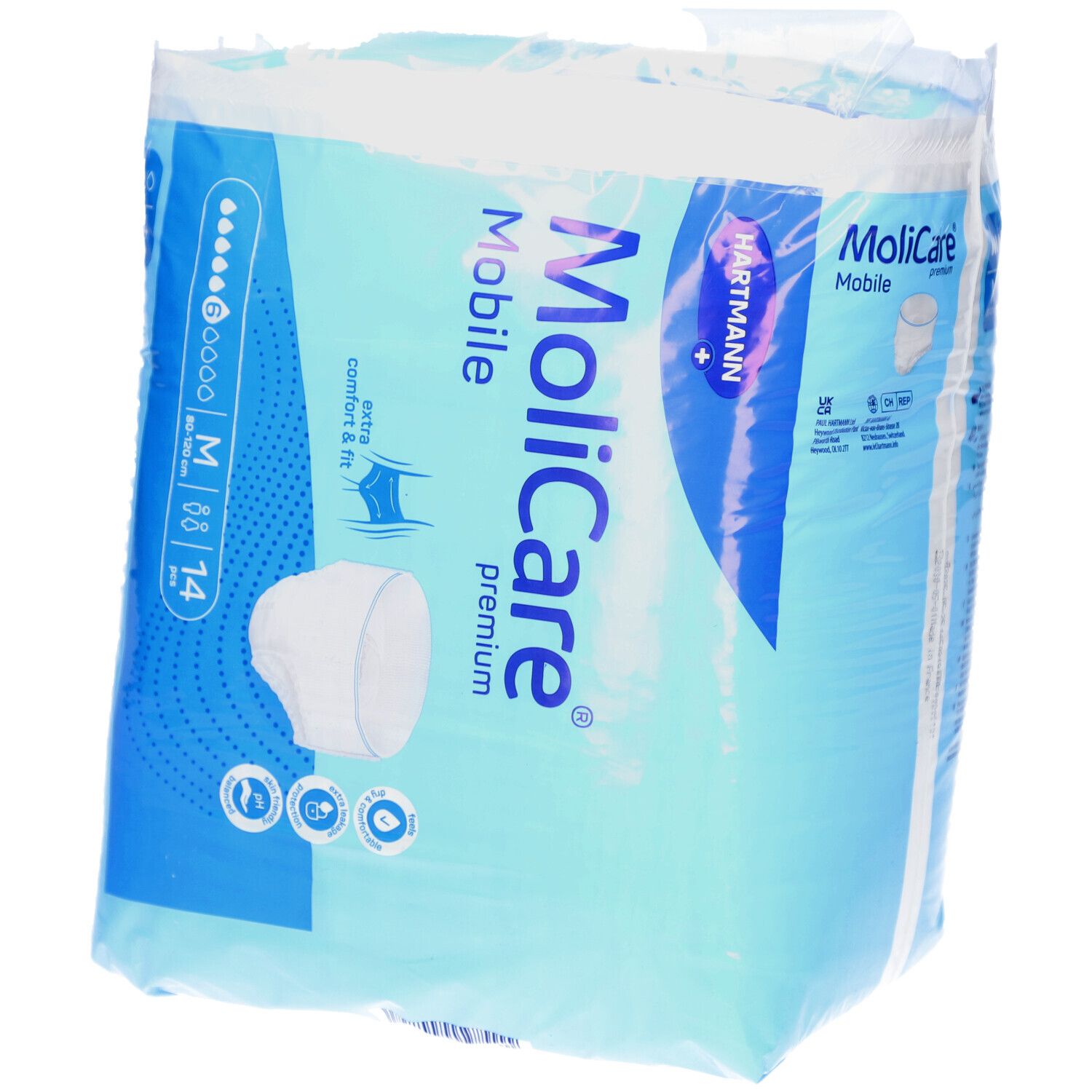 Verpackung MoliCare Mobile Premium Pants, Größe M, 6 Tropfen. Enthält 14 Stück. Marke Hartmann.