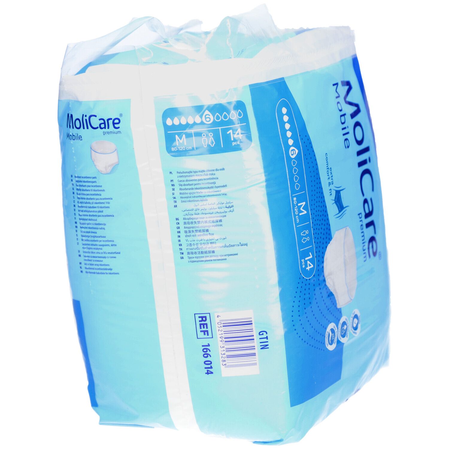 Verpackung MoliCare Mobile Premium Pants, Größe M, 6 Tropfen. Enthält 14 Stück. Marke Hartmann.