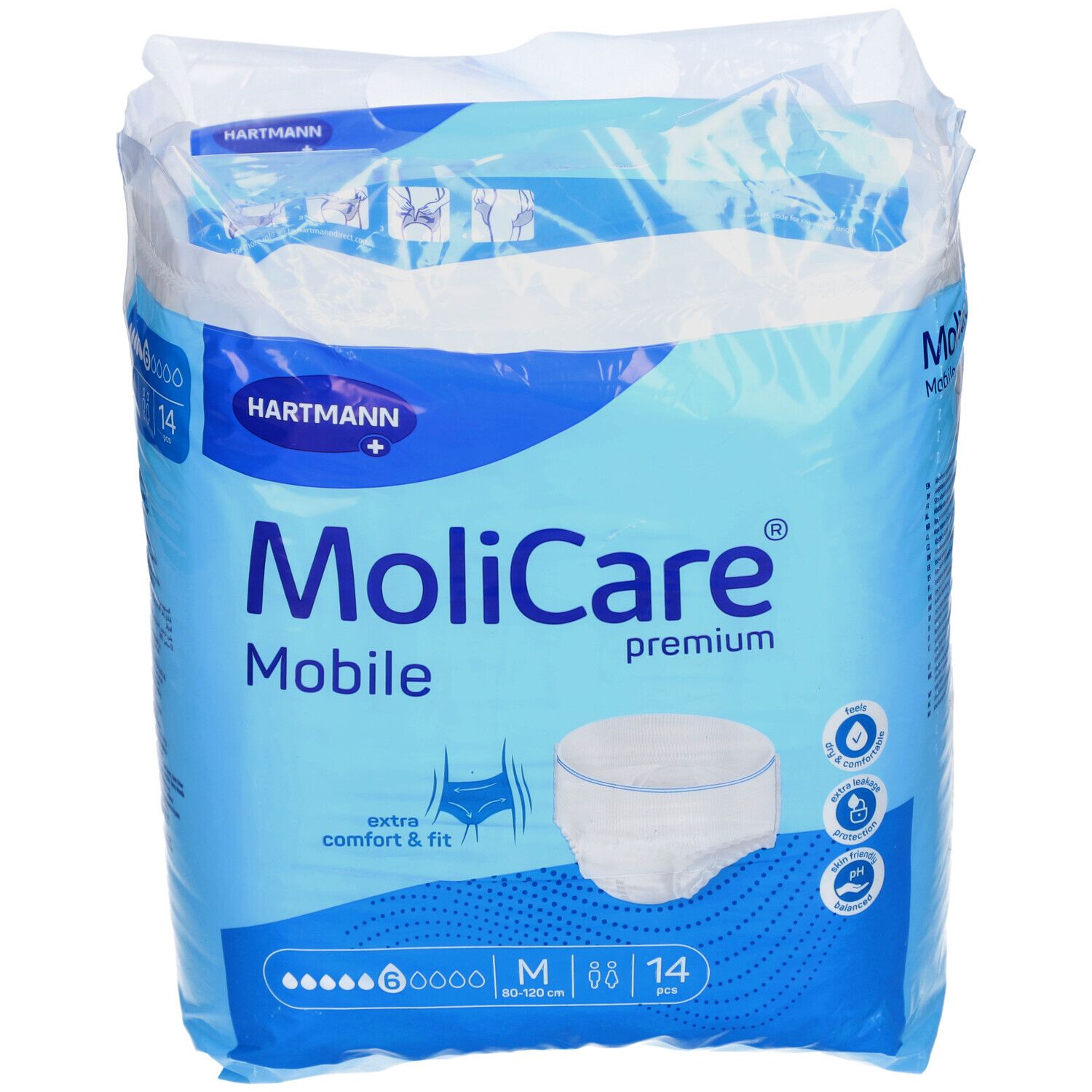 Verpackung MoliCare Mobile Premium Pants, Größe M, 6 Tropfen. Enthält 14 Stück. Marke Hartmann.