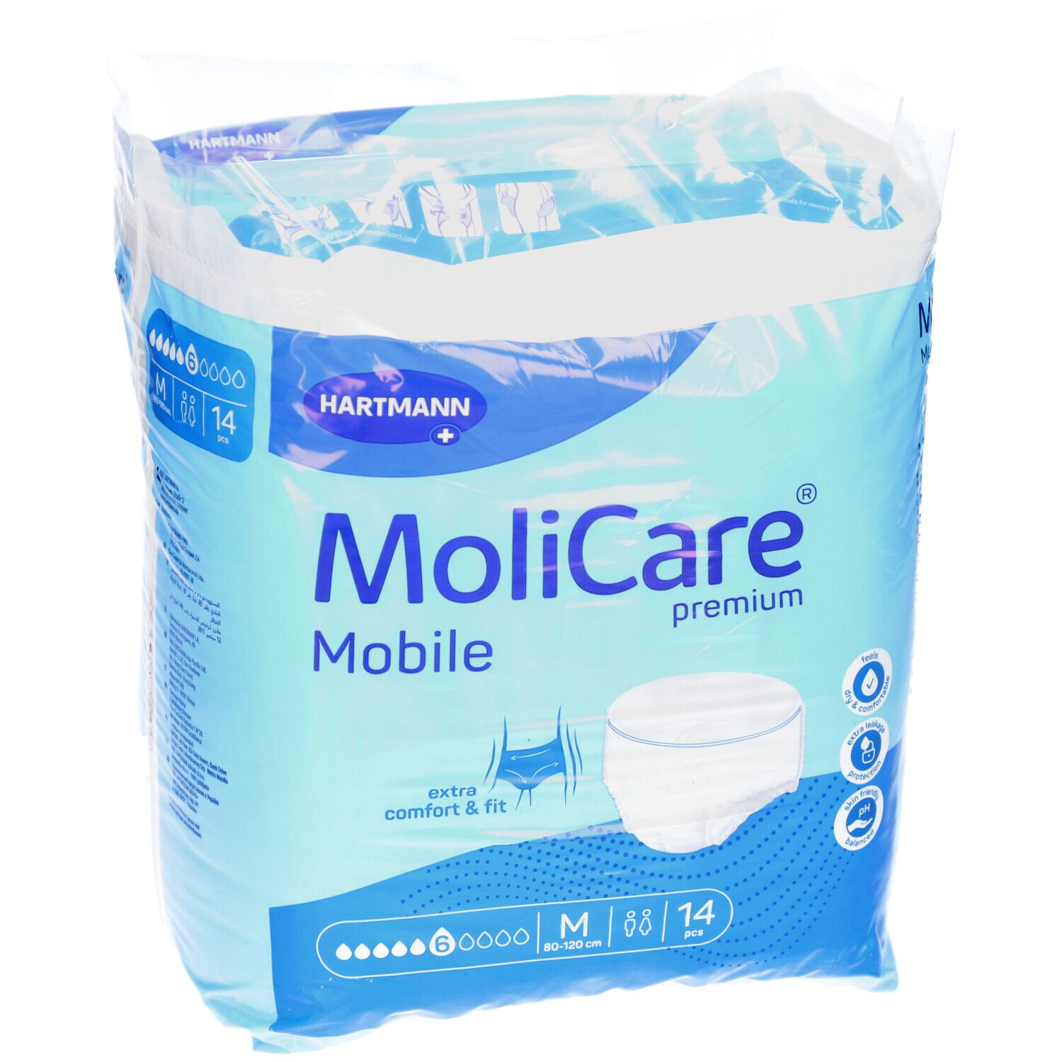 Verpackung MoliCare Mobile Premium Pants, Größe M, 6 Tropfen. Enthält 14 Stück. Marke Hartmann.
