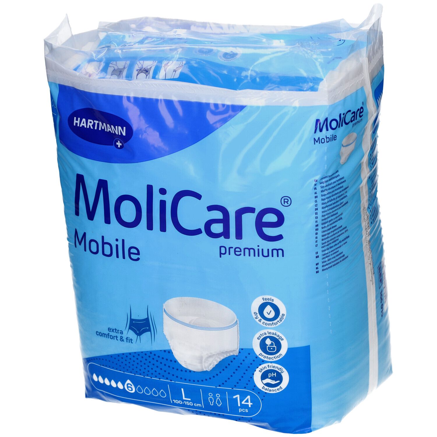 Verpackung MoliCare Mobile Premium, Größe L, 14 Stück. Blaue Verpackung mit Produktabbildung und Logo.