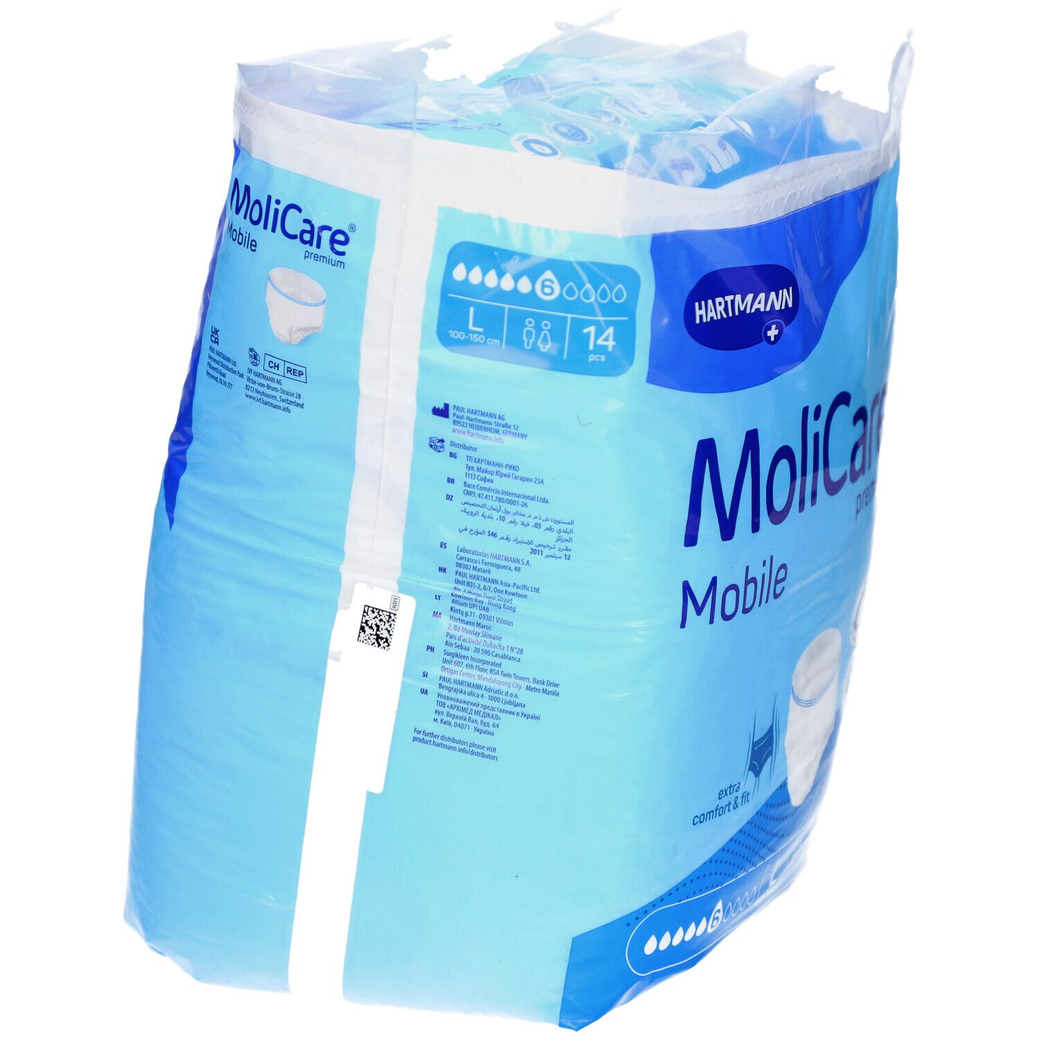 Verpackung MoliCare Mobile Premium, Größe L, 14 Stück. Blaue Verpackung mit Produktabbildung und Logo.