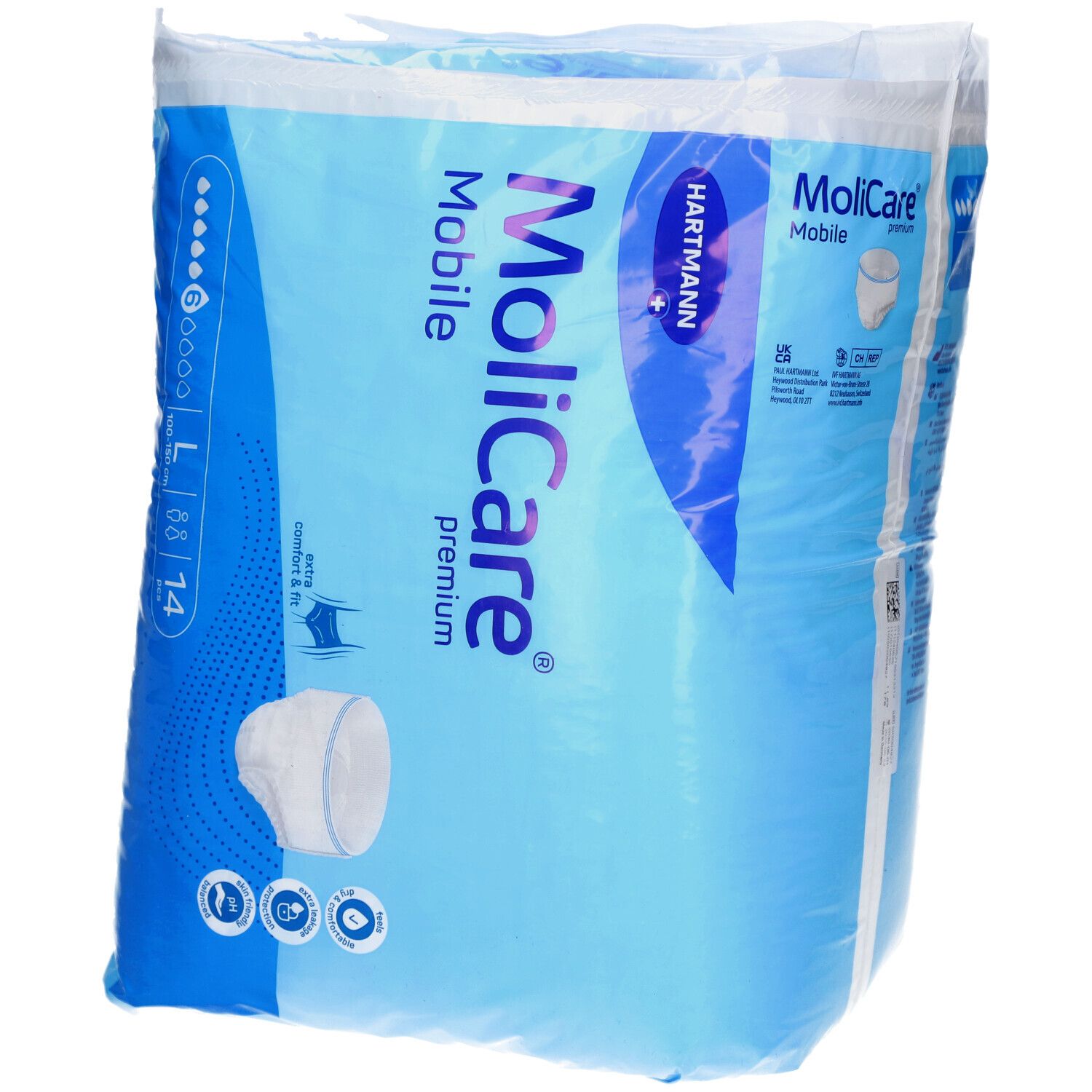 Verpackung MoliCare Mobile Premium, Größe L, 14 Stück. Blaue Verpackung mit Produktabbildung und Logo.