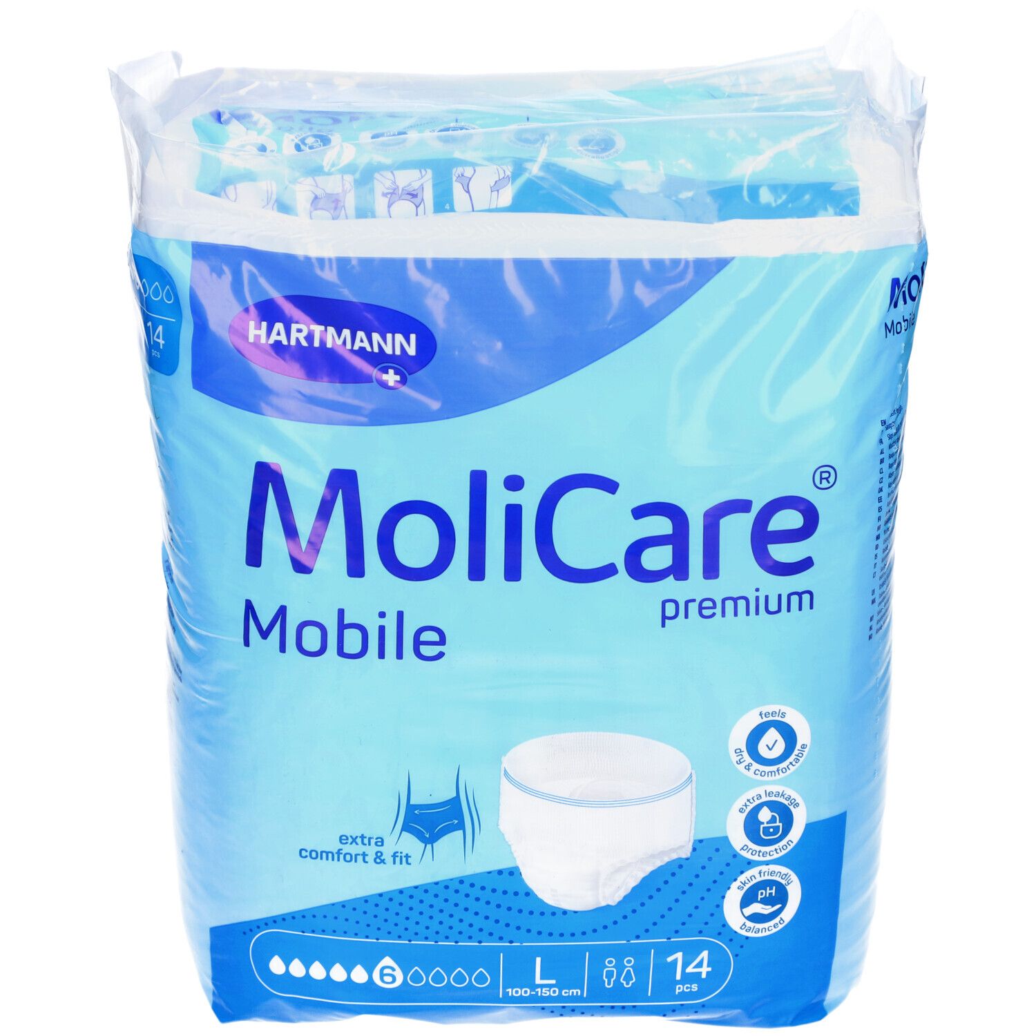 Verpackung MoliCare Mobile Premium, Größe L, 14 Stück. Blaue Verpackung mit Produktabbildung und Logo.